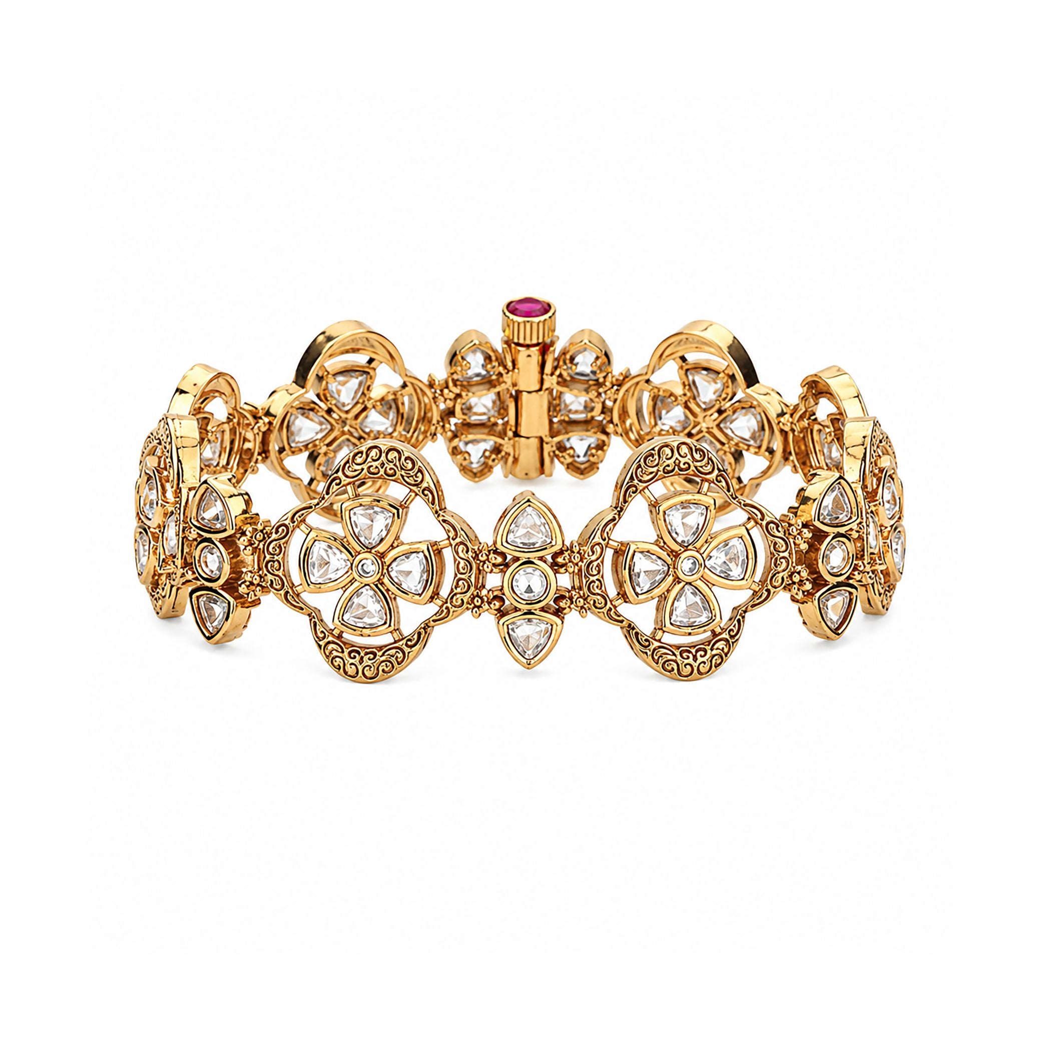 Antique Gold Finish Floral Kundan Openable Kada Bracelet