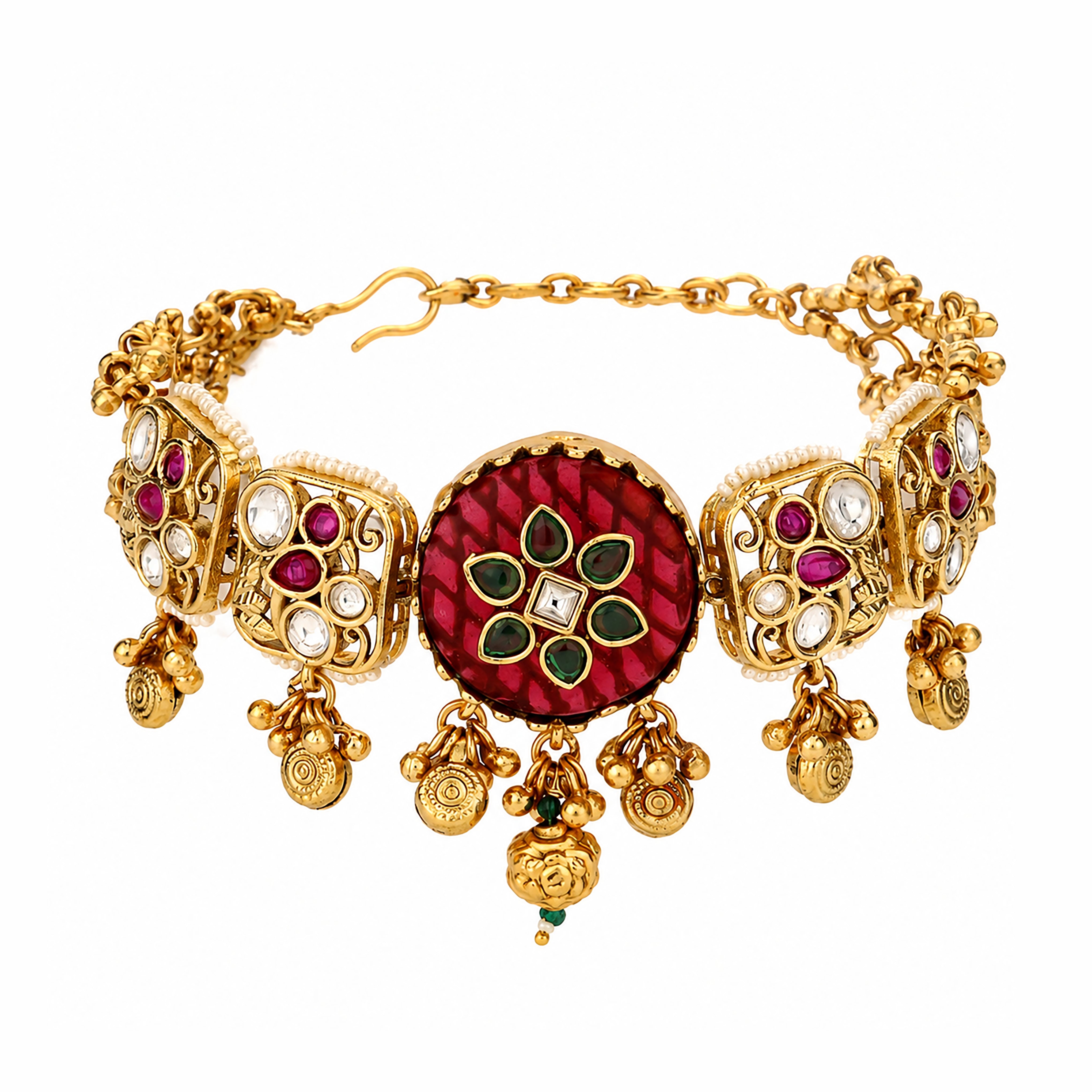 Antique Floral Cabochon Kundan Link Bracelet