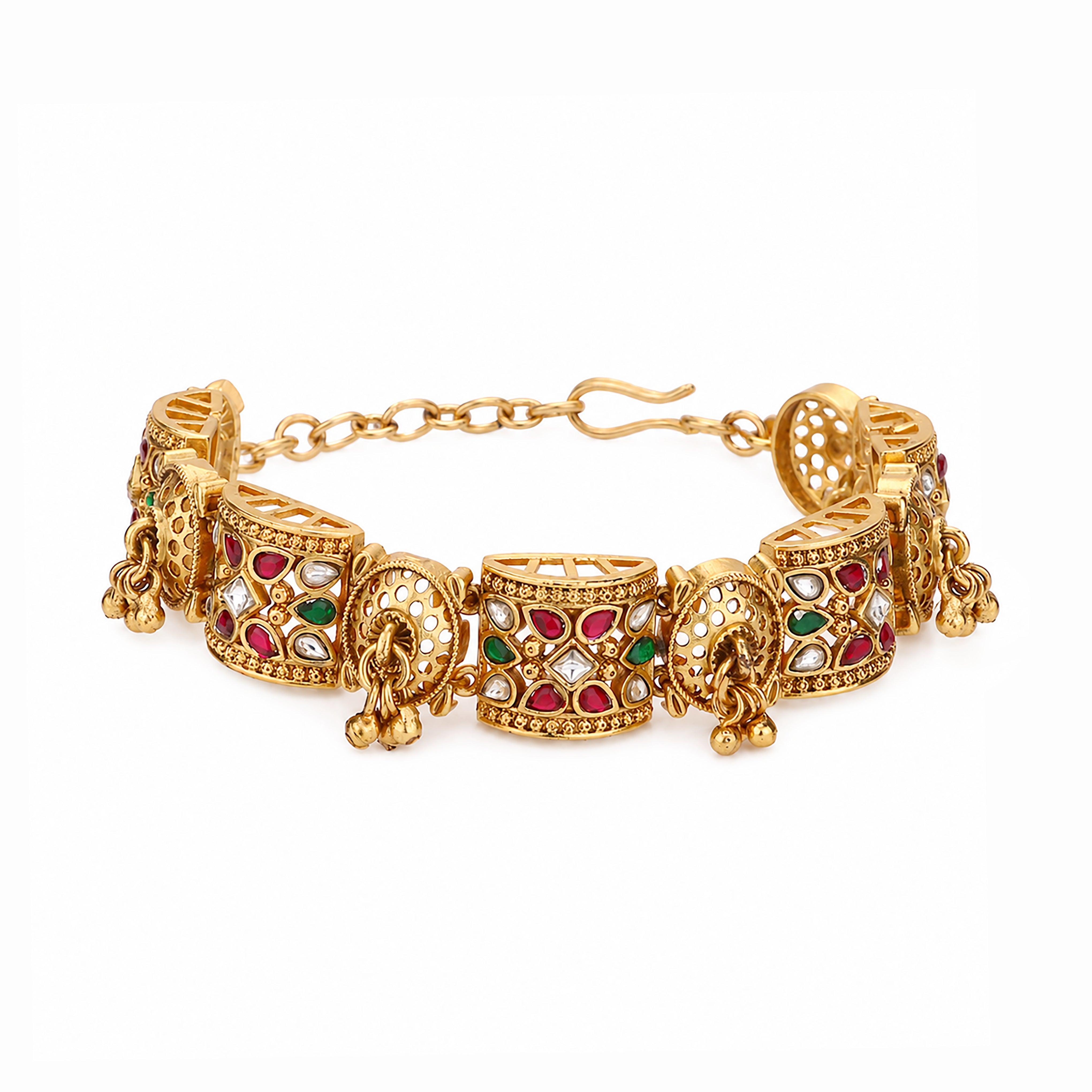 Antique Gold Kundan Navratna Stone Ghungroo Choker Bracelet