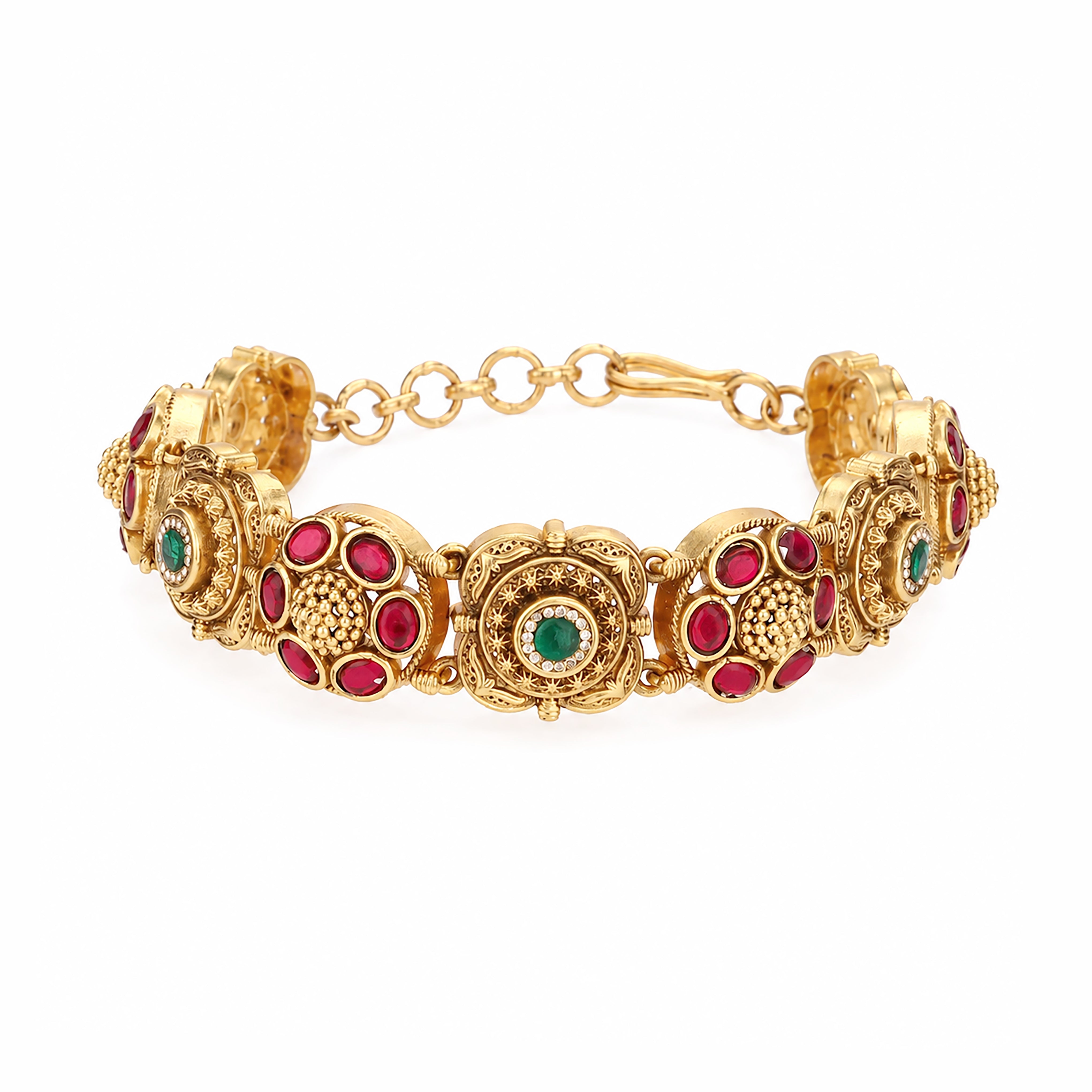 Antique Gold Floral Medallion Stone Articulated Statement Bracelet
