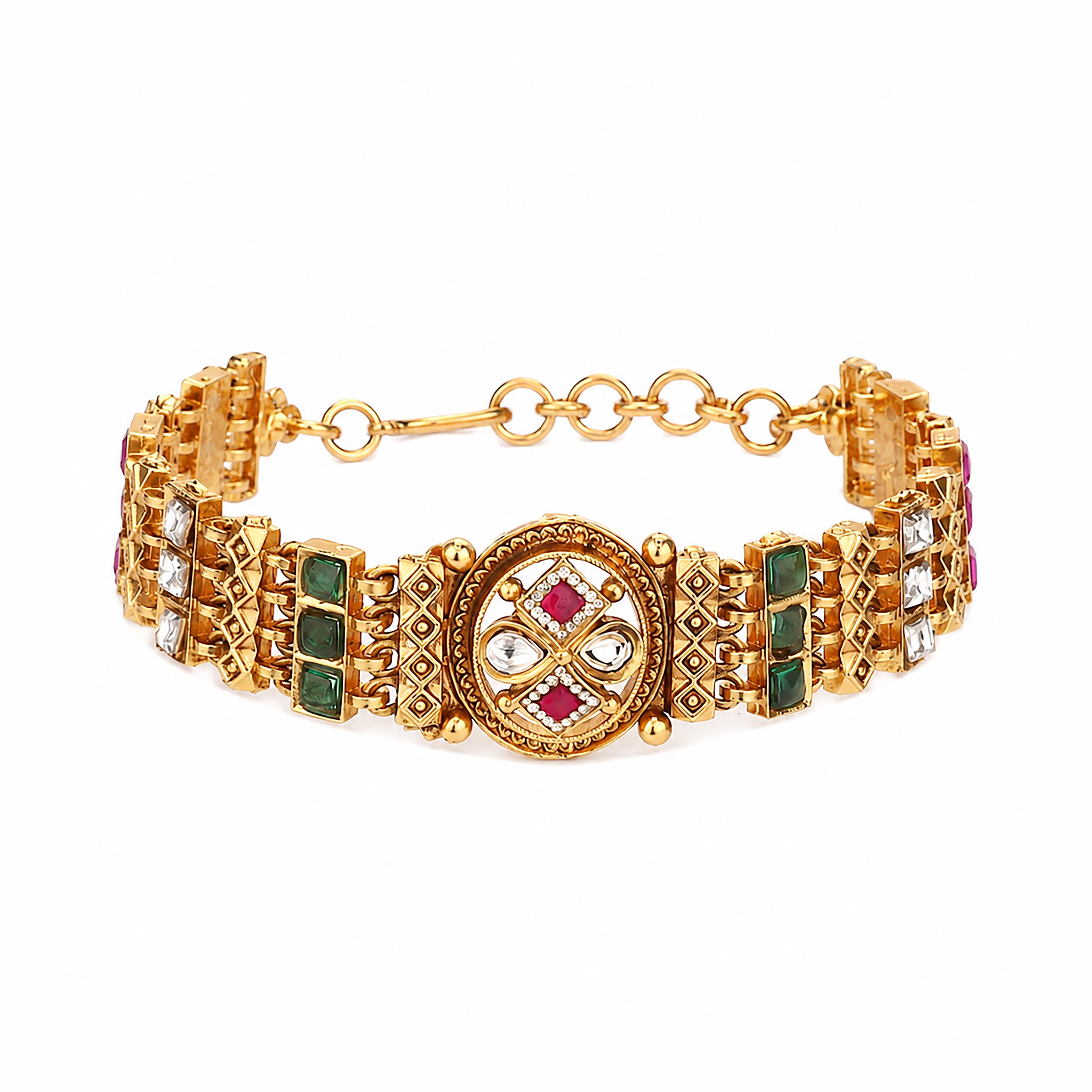 Antique Gold Navratna Stone Medallion Articulated Choker Bracelet