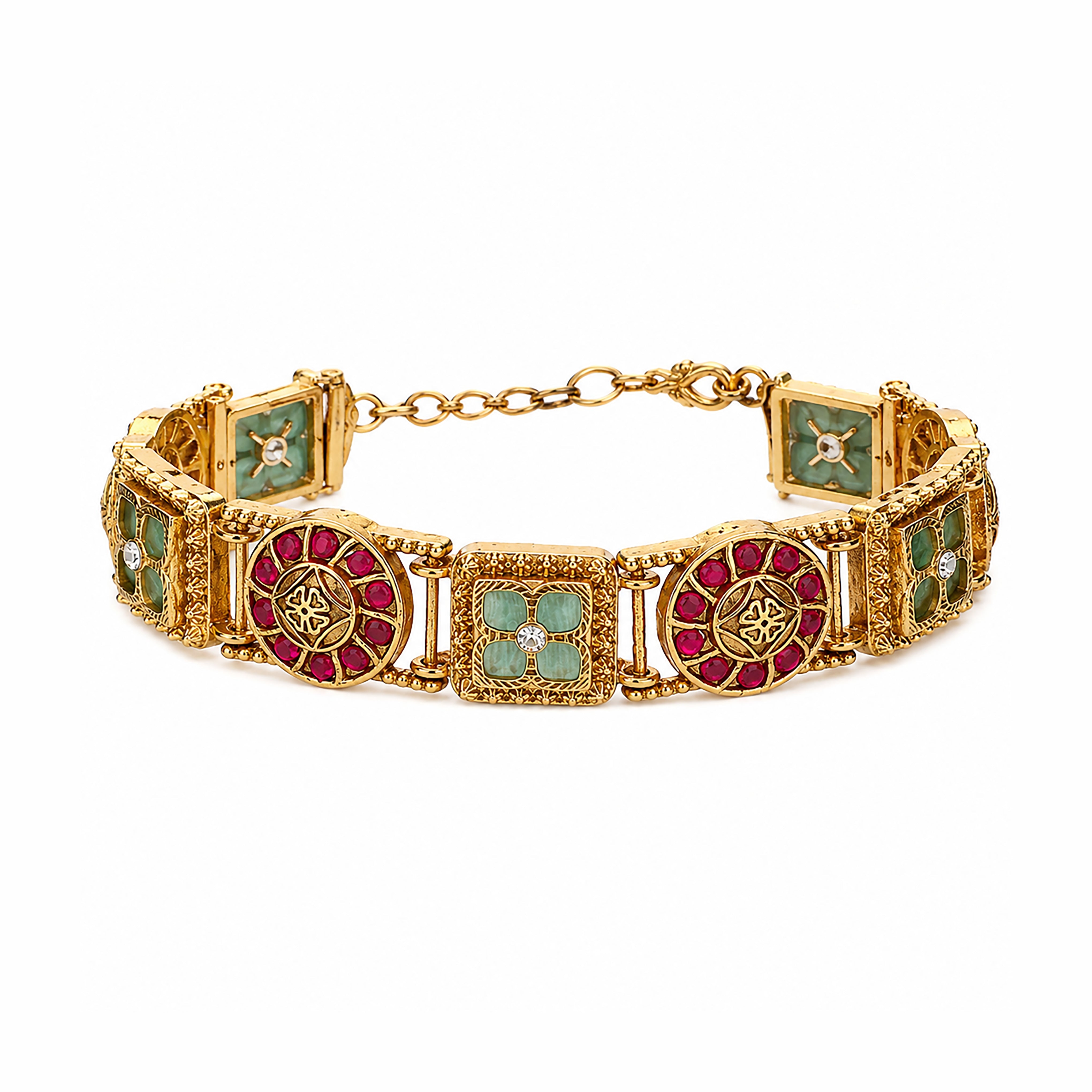 Antique Gold Geometric Medallion Stone Articulated Traditional Bracelet