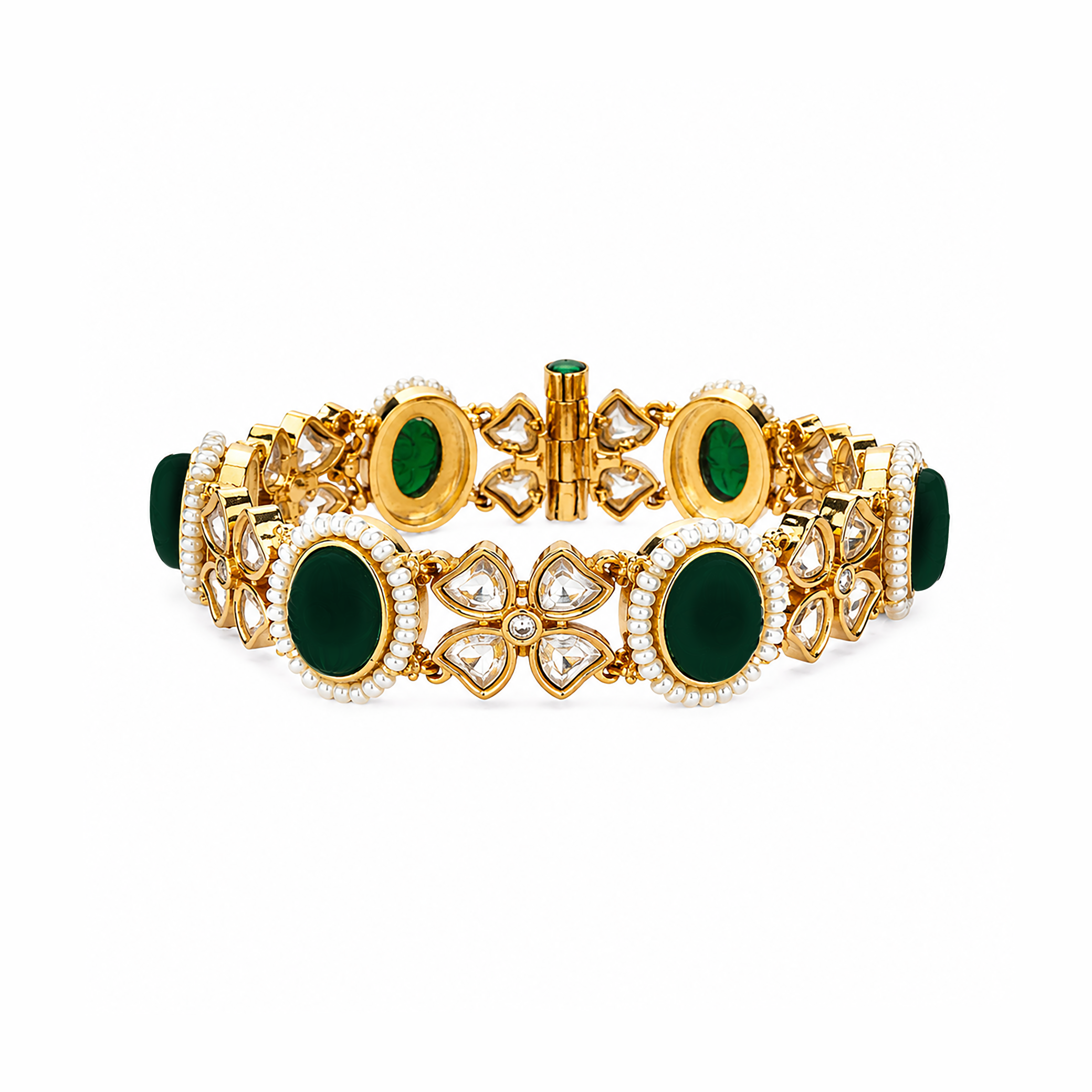 Pearl Beaded Regal Kundan Cabochon Openable Traditional Bracelet