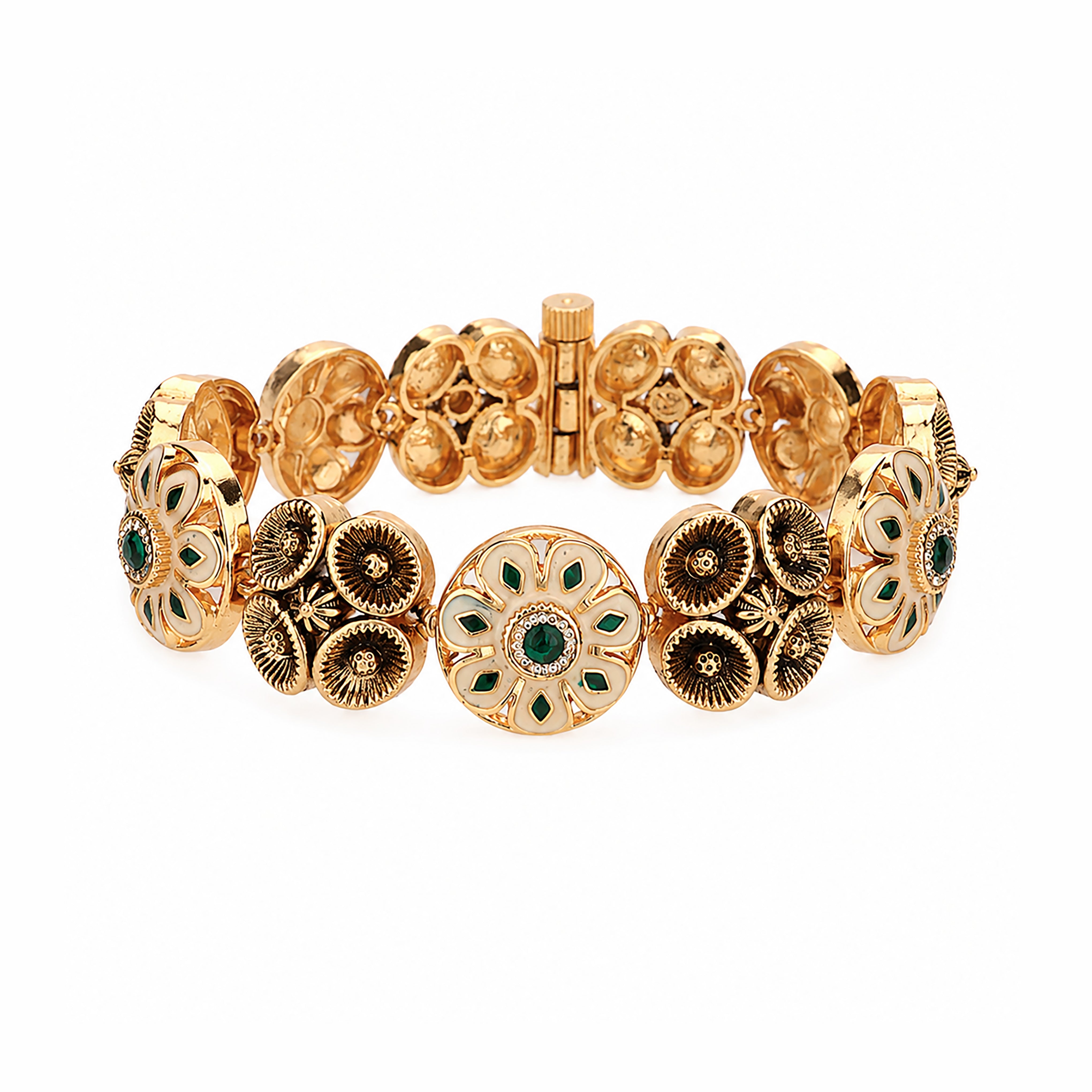 Antique Gold Floral Enamel Stone Articulated Hinged Traditional Bracelet