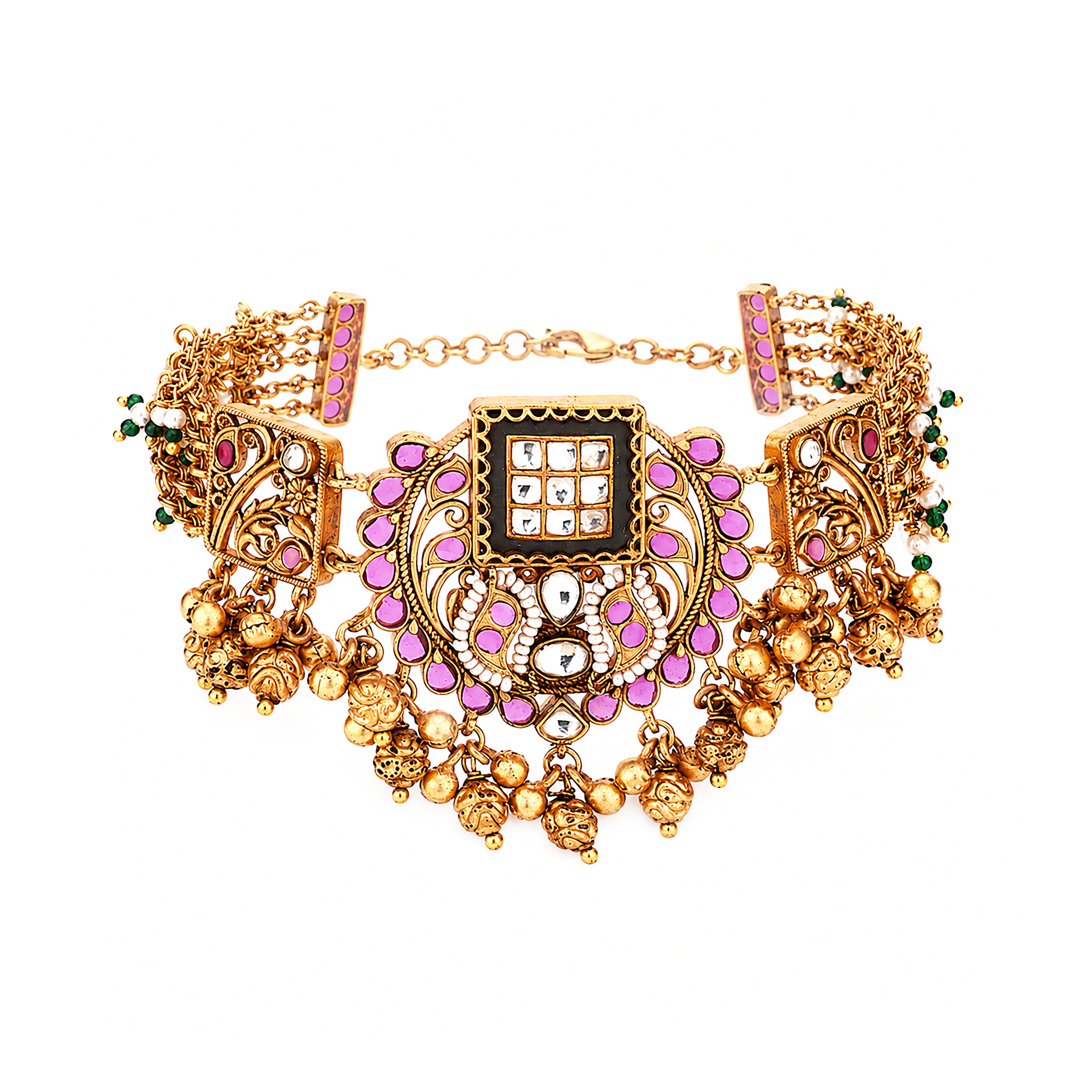 Antique Gold Jadau Kundan Multi-Strand Ghungroo Choker Bracelet