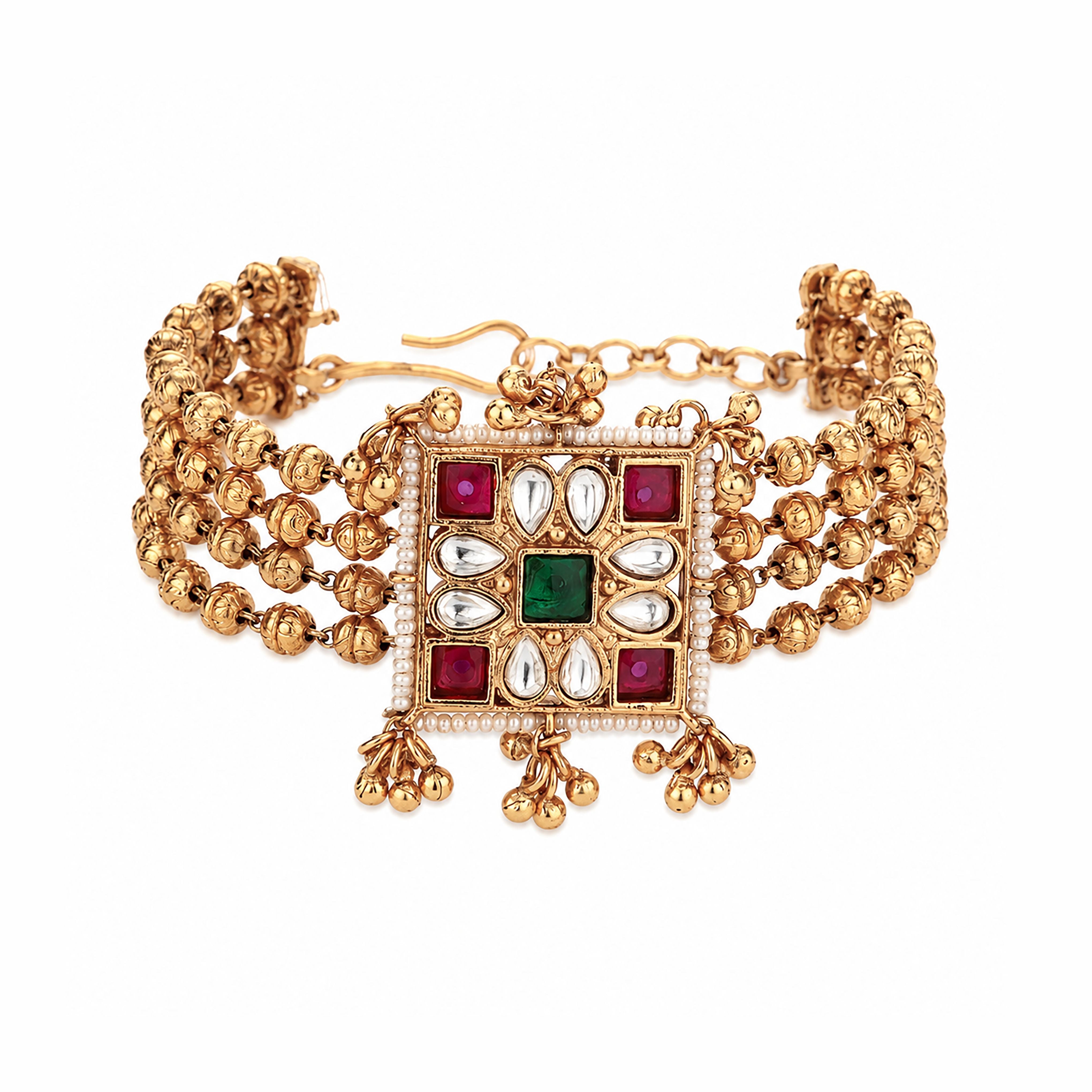 Antique Gold Kundan Navratna Square Medallion Beaded Traditional Bracelet