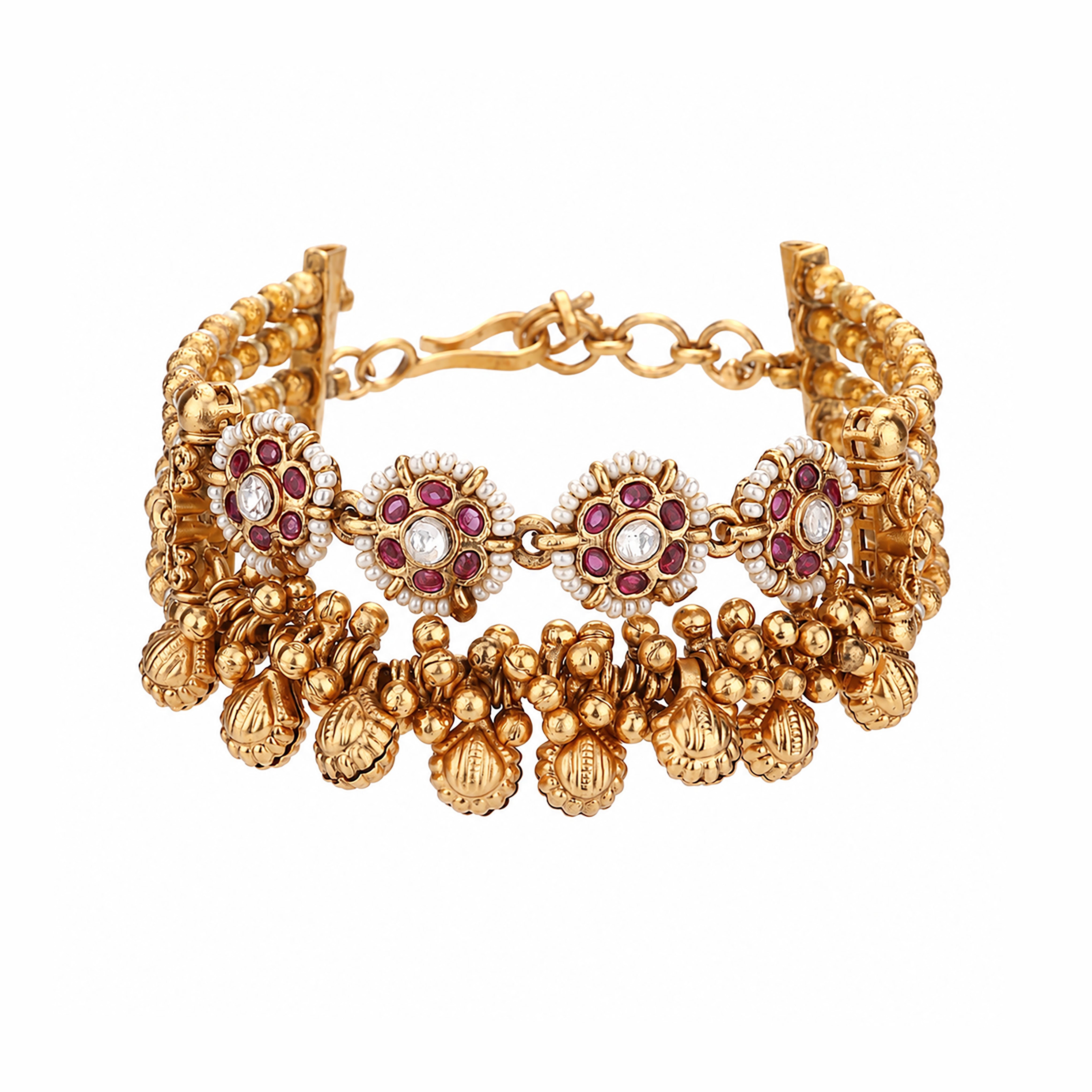 Antique Gold Floral Kundan Pearl Cluster Ghungroo Traditional Bracelet
