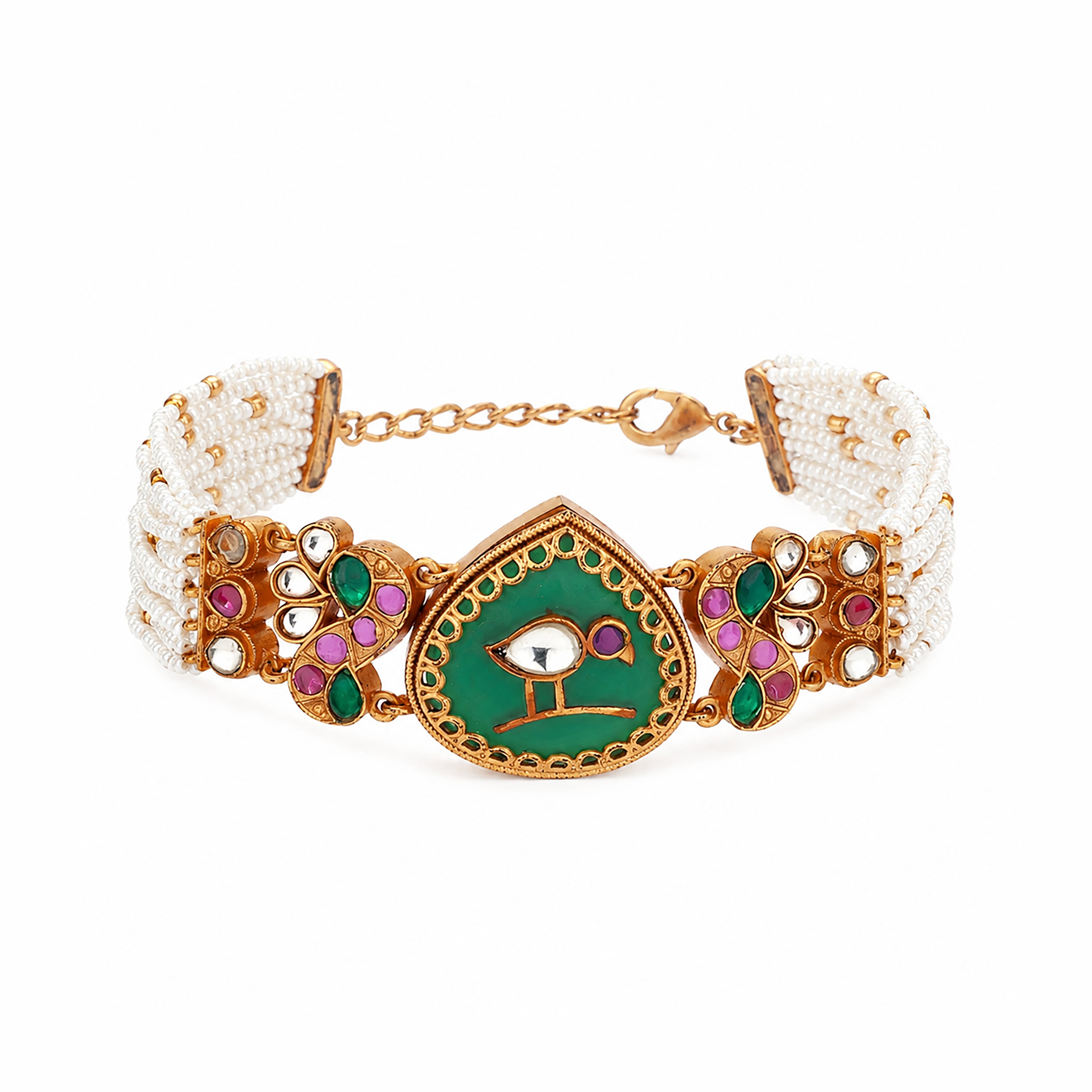 Antique Gold Avian Bird Motif Enamel Stone Multi-Strand Pearl Traditional Bracelet