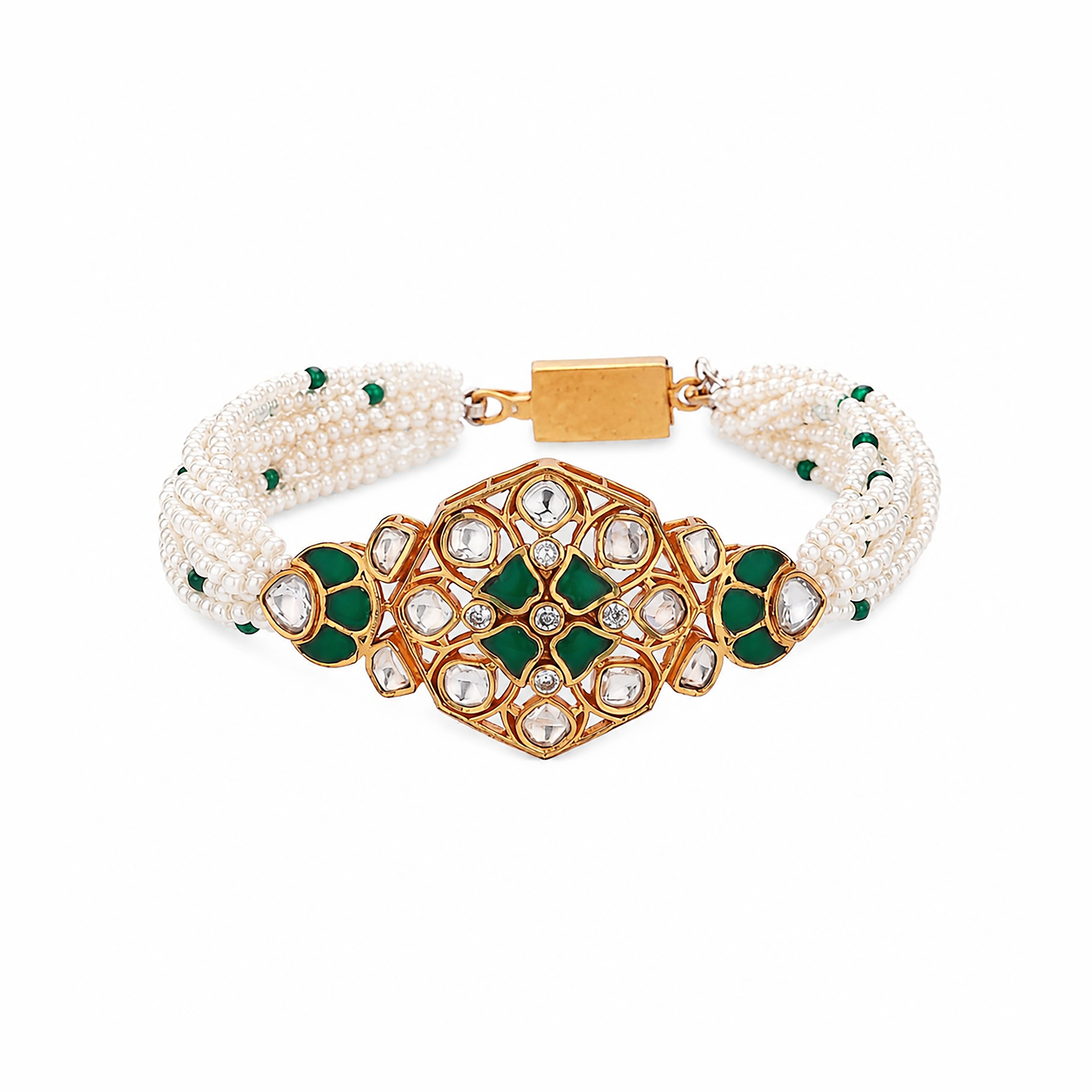 Antique Gold Kundan Enamel Hexagonal Medallion Multi-Strand Pearl Traditional Bracelet