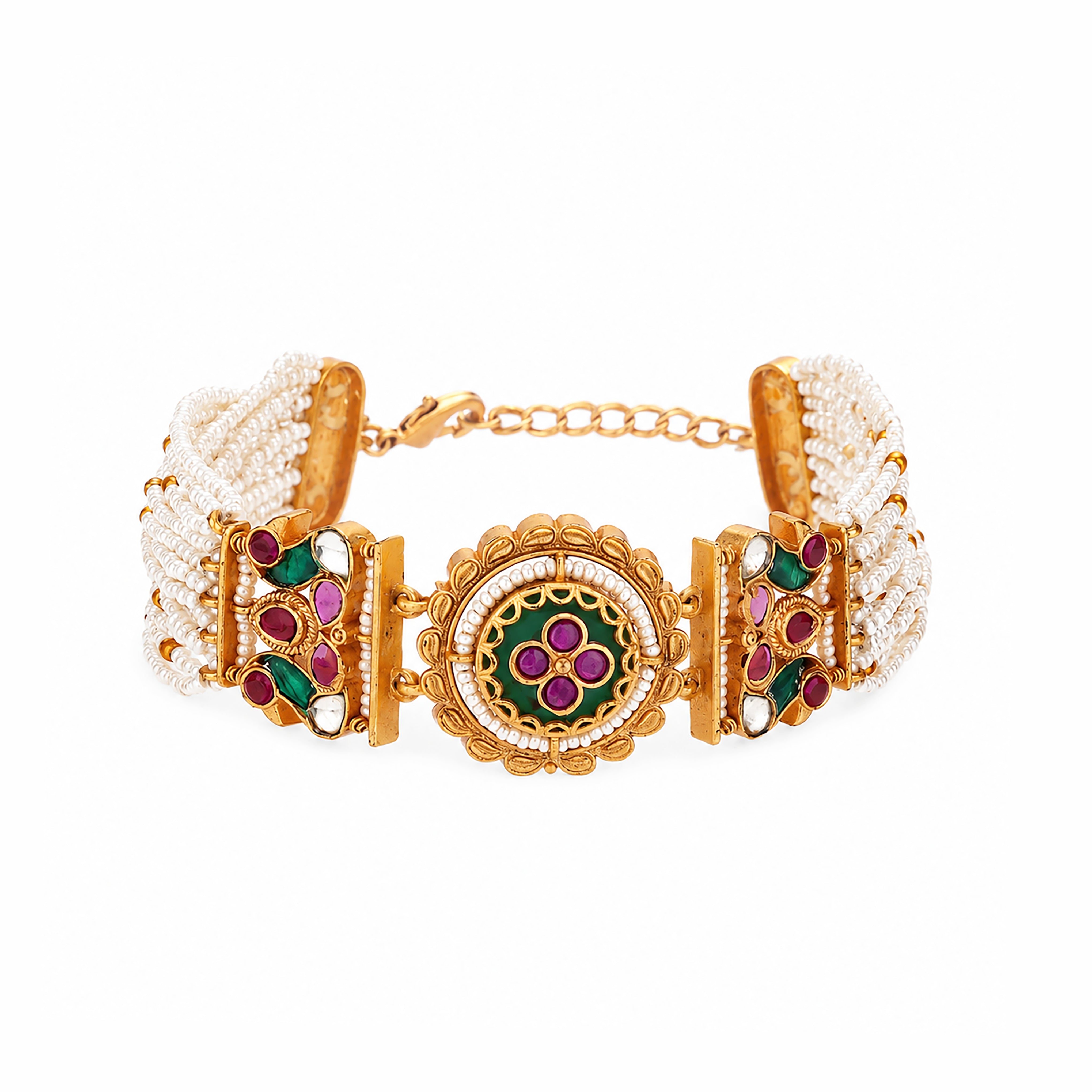 Antique Gold Kundan Floral Medallion Multi-Strand Pearl Traditional Bracelet