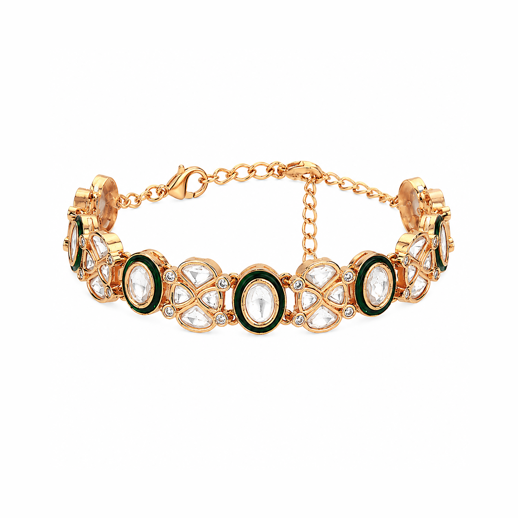 Gold plated kundan link bracelet featuring enamel bordered round stones, floral polki motifs, and lobster clasp closure.