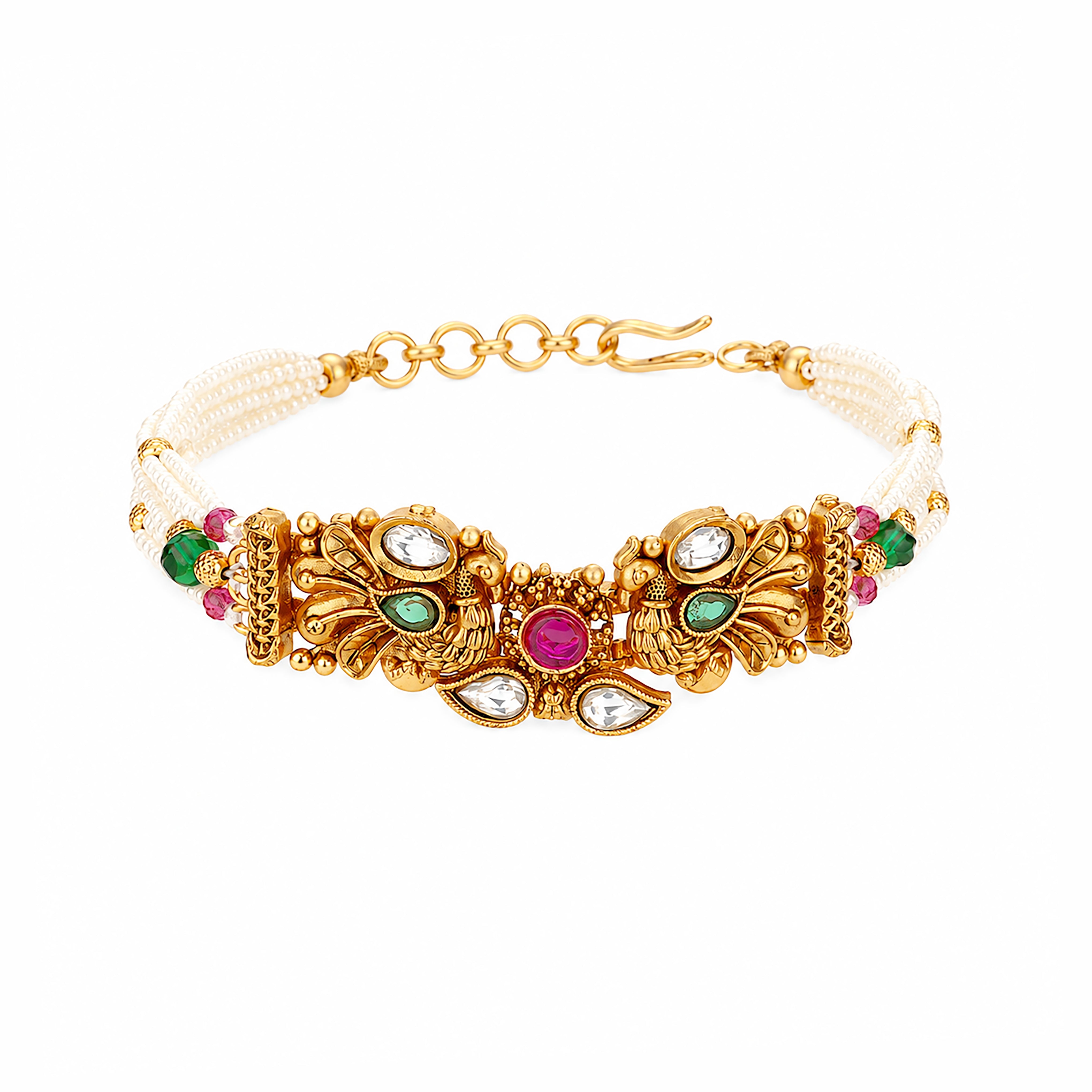 Antique Gold Twin Peacock Stone Multi-Strand Pearl Traditional Bracelet