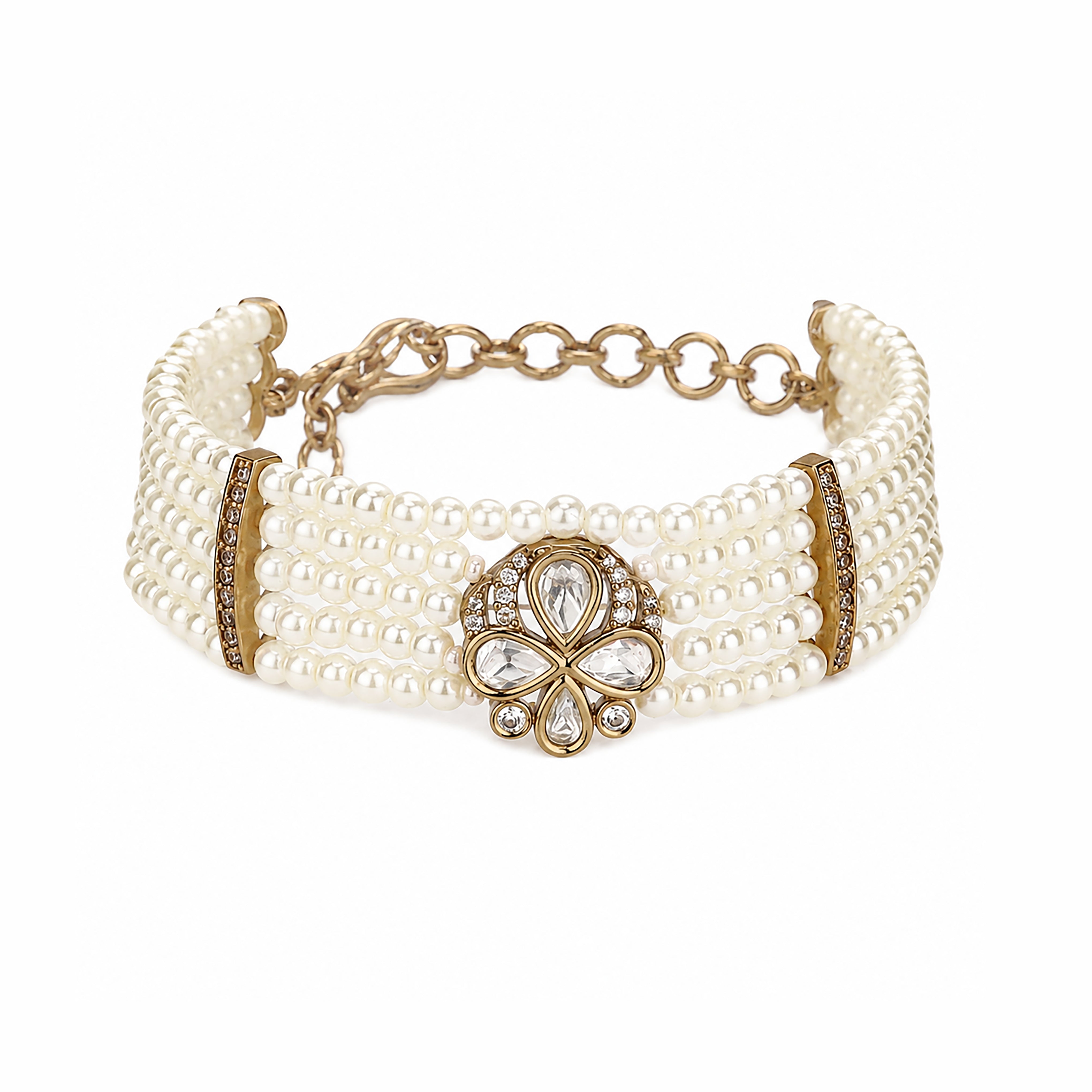 Antique Gold Floral Kundan Medallion Multi-Strand Pearl Traditional Bracelet