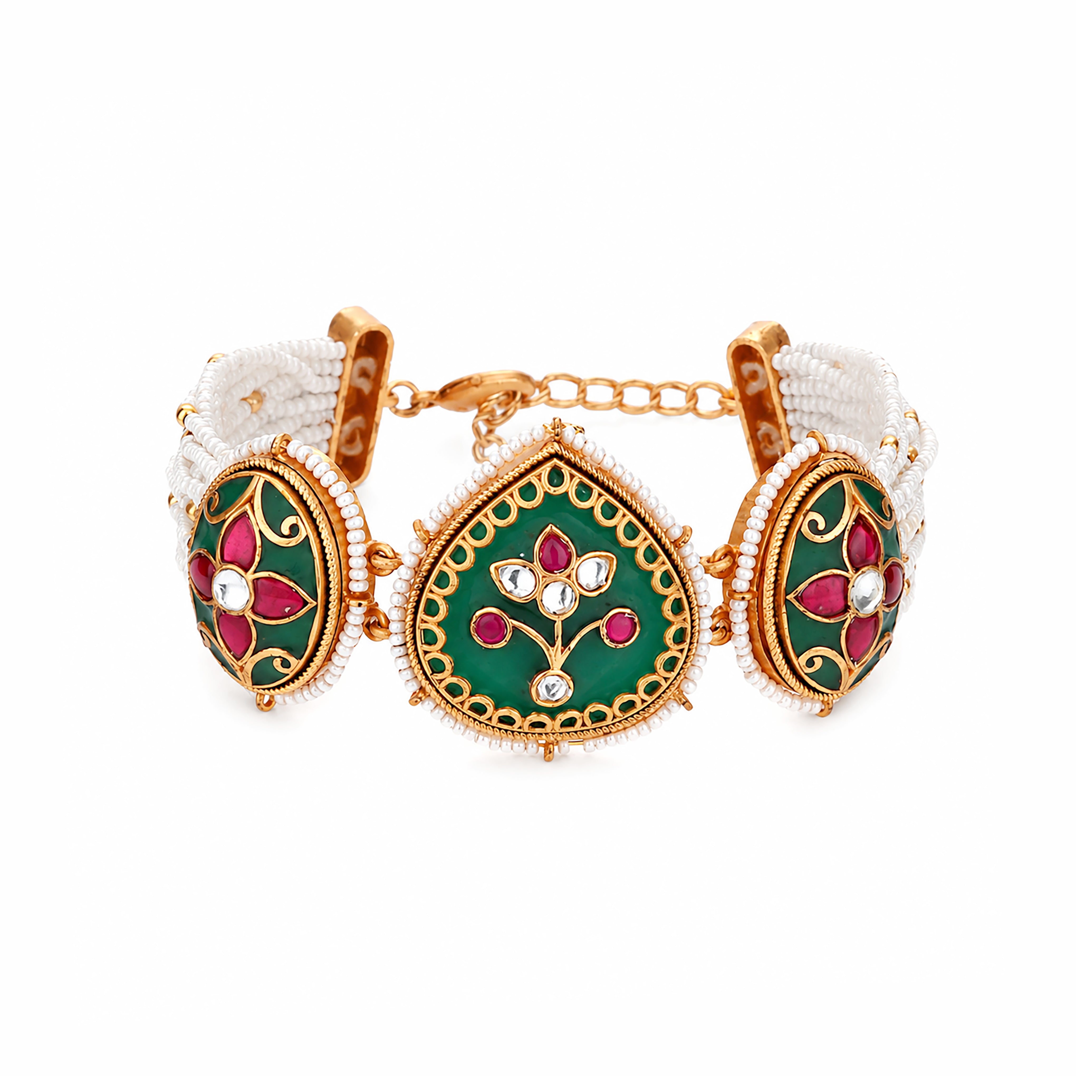Foliate Enamel Stone Medallion Multi-Strand Pearl Traditional Bracelet