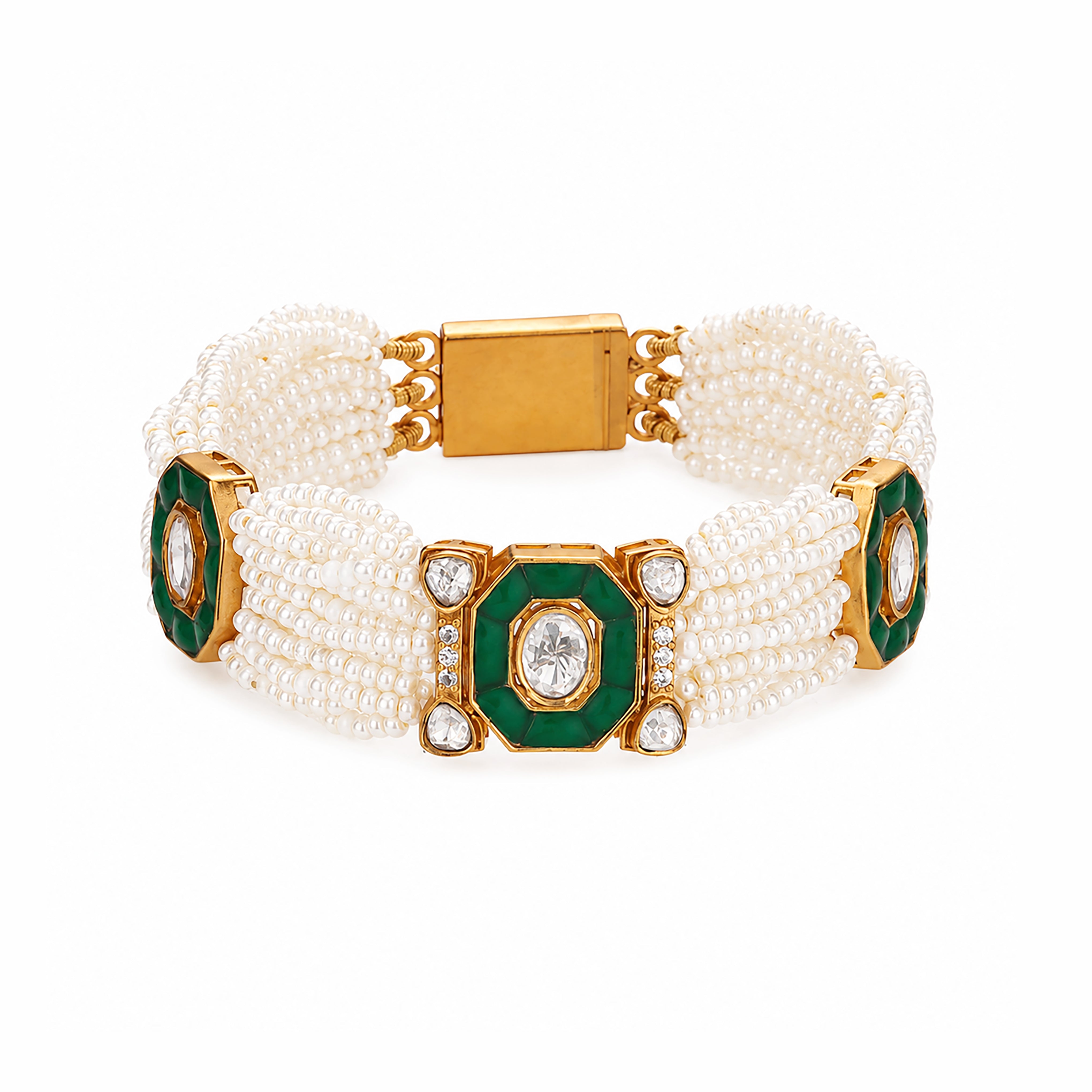 Geometric Kundan Enamel Medallion Multi-Strand Pearl Traditional Bracelet