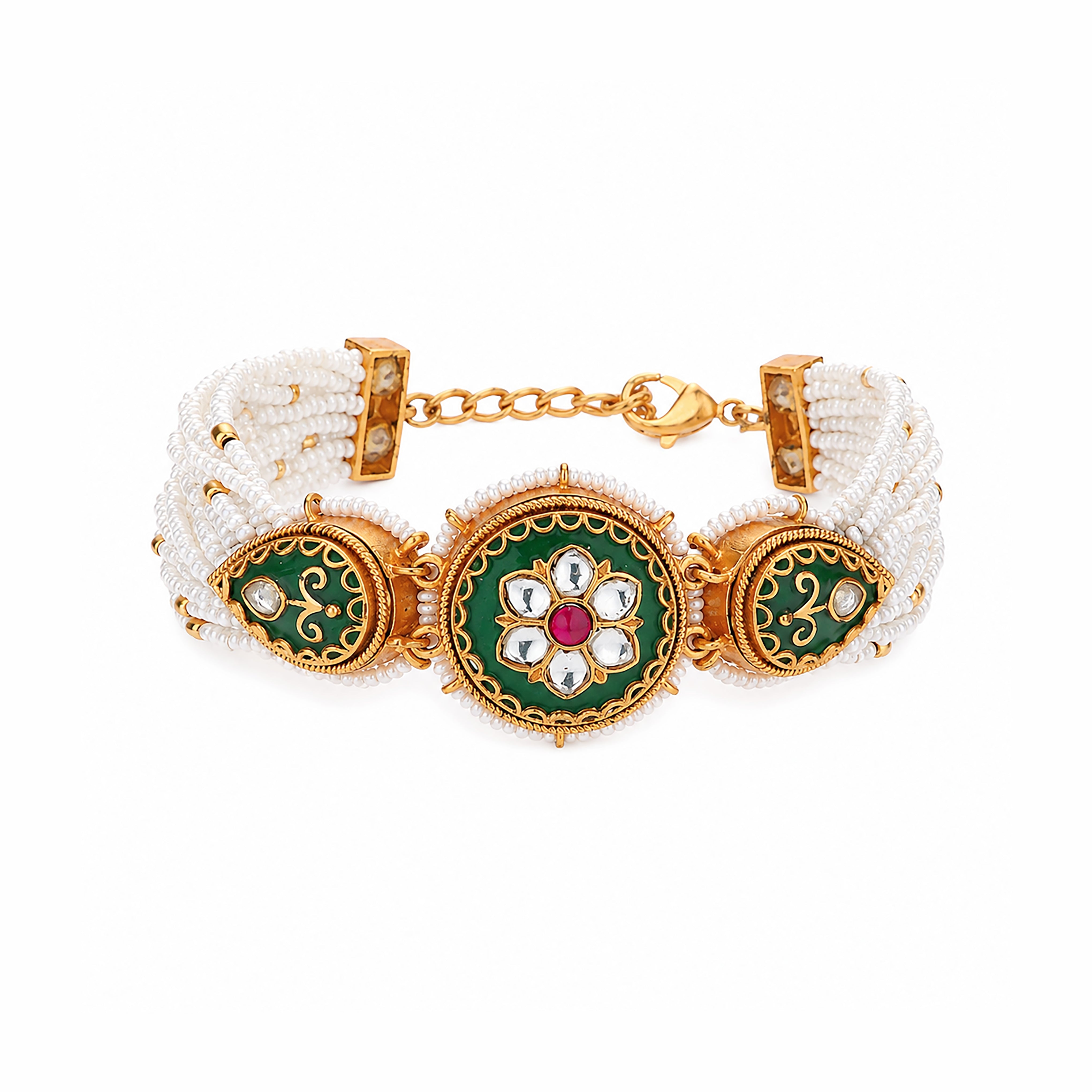 Floral Enamel Kundan Medallion Multi-Strand Pearl Traditional Bracelet