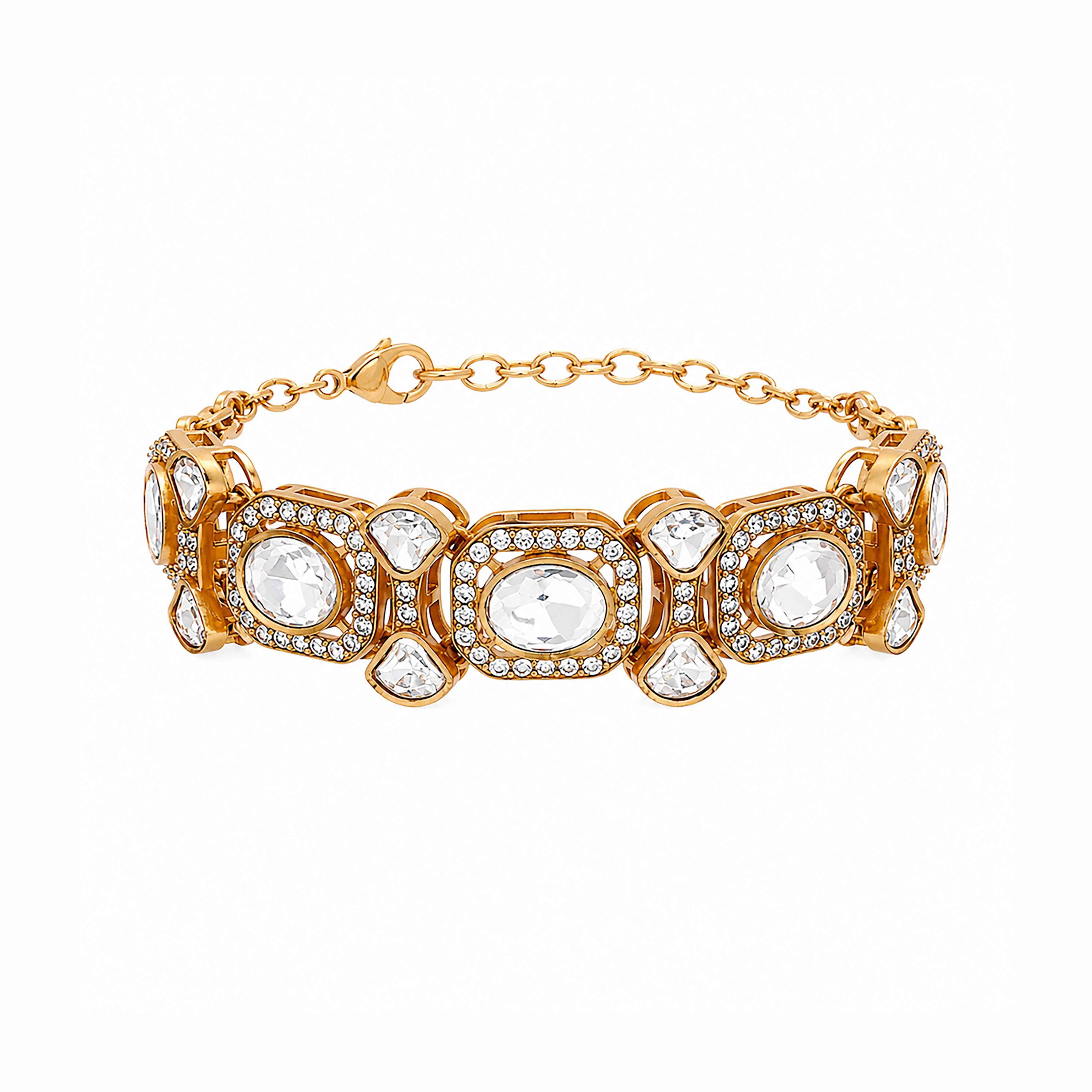 Gold-Plated Polki Kundan Crystal Halo Articulated Traditional Bracelet