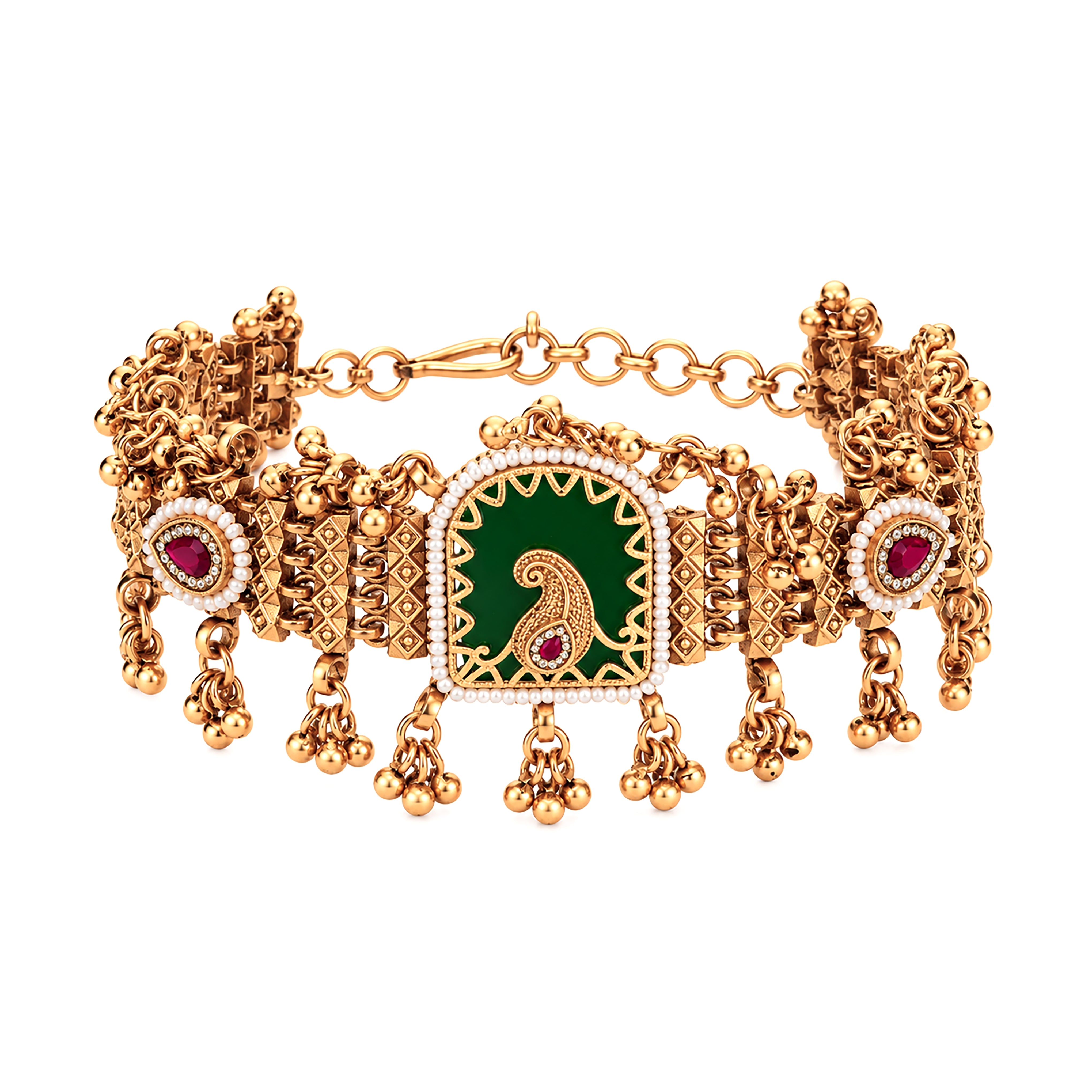 Antique Gold Paisley Jharokha Enamel Ghungroo Traditional Bracelet