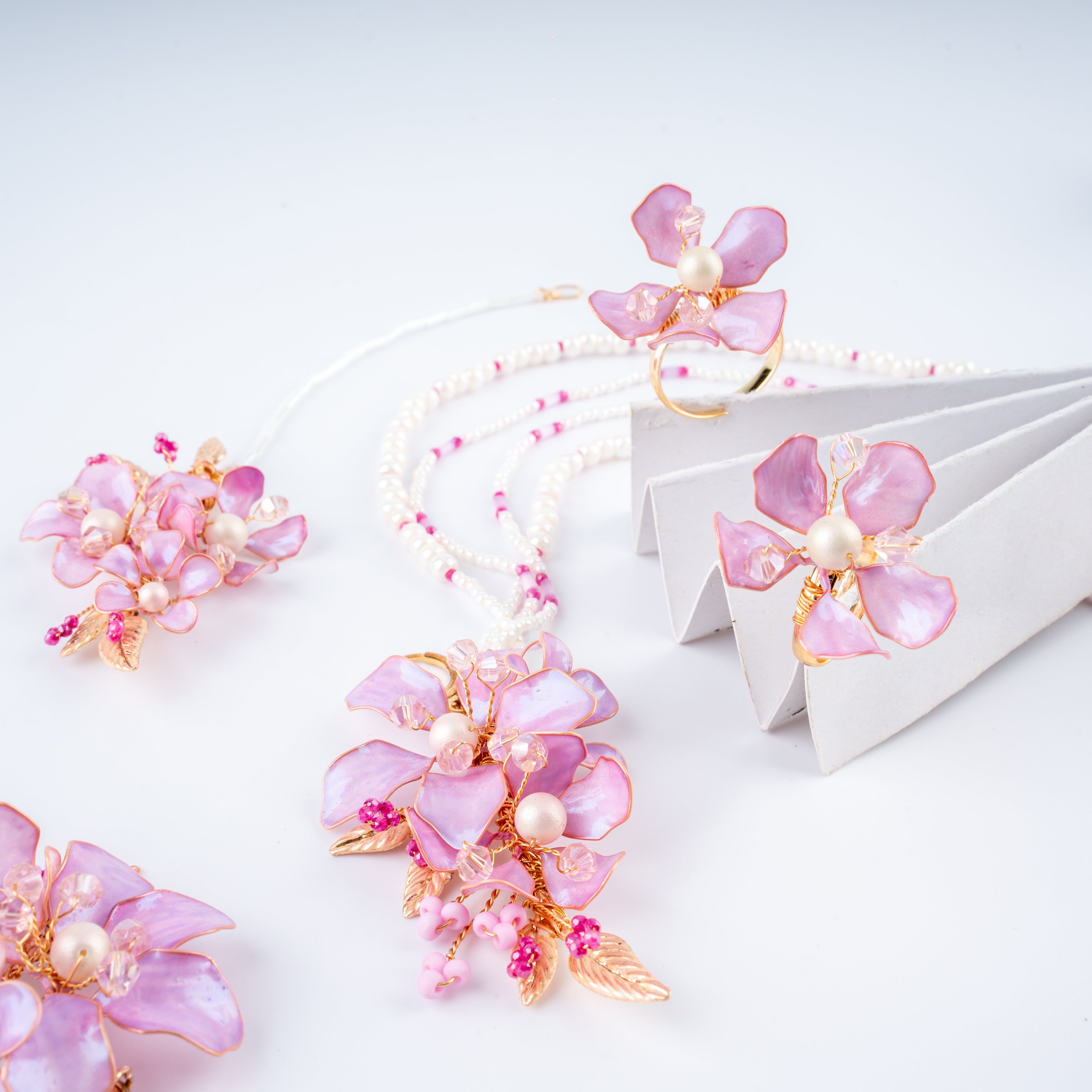 The Lilac Orchid Floral Resin Art Jewelry Set with Multi-Strand Ear Chains
