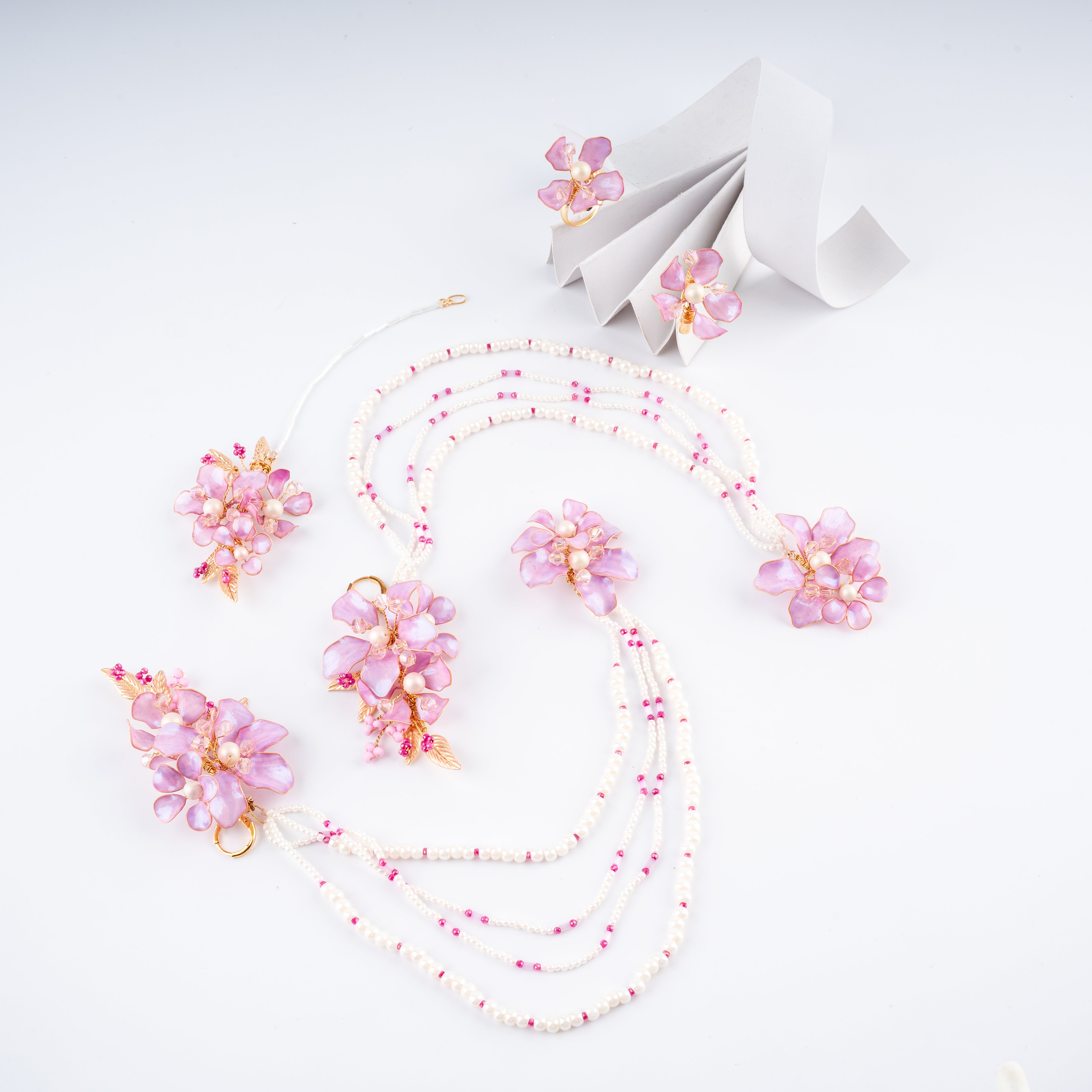 The Lilac Orchid Floral Resin Art Jewelry Set with Multi-Strand Ear Chains