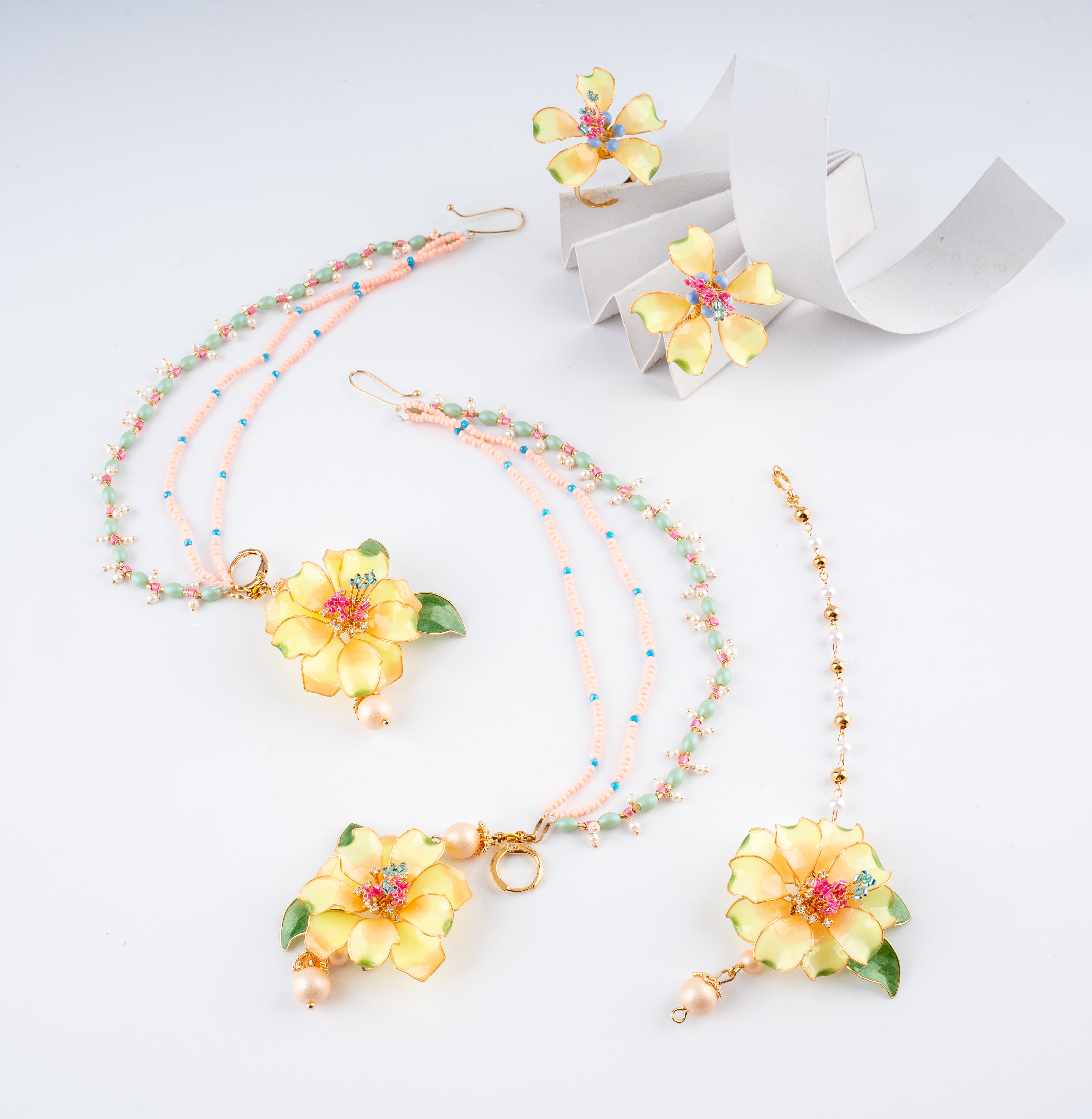 The Sunshine Marigold Floral Resin Art Jewelry Set with Beaded Ear Chains