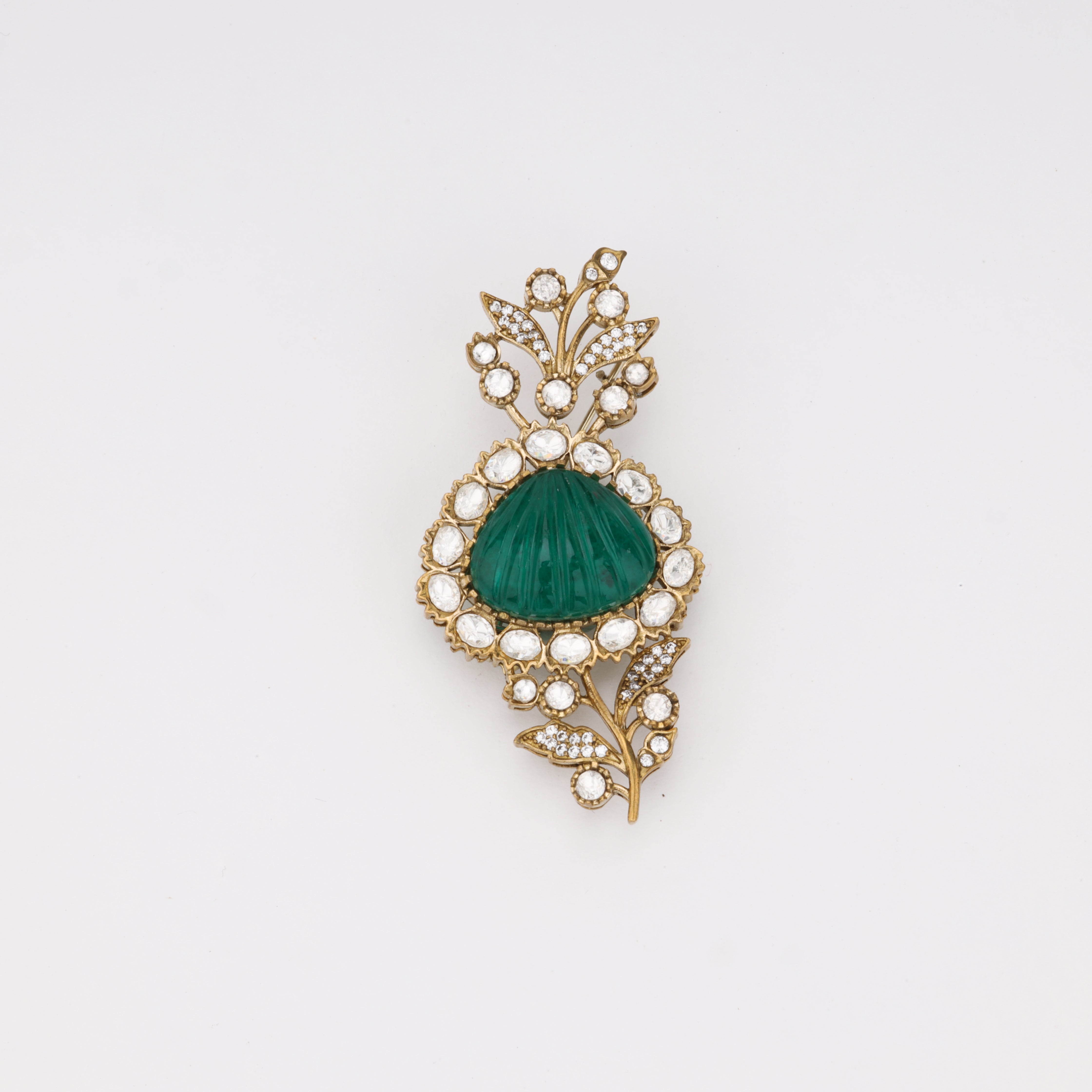 Emerald Blossom Elegance Crystal Floral Brooch – Antique Gold Finish