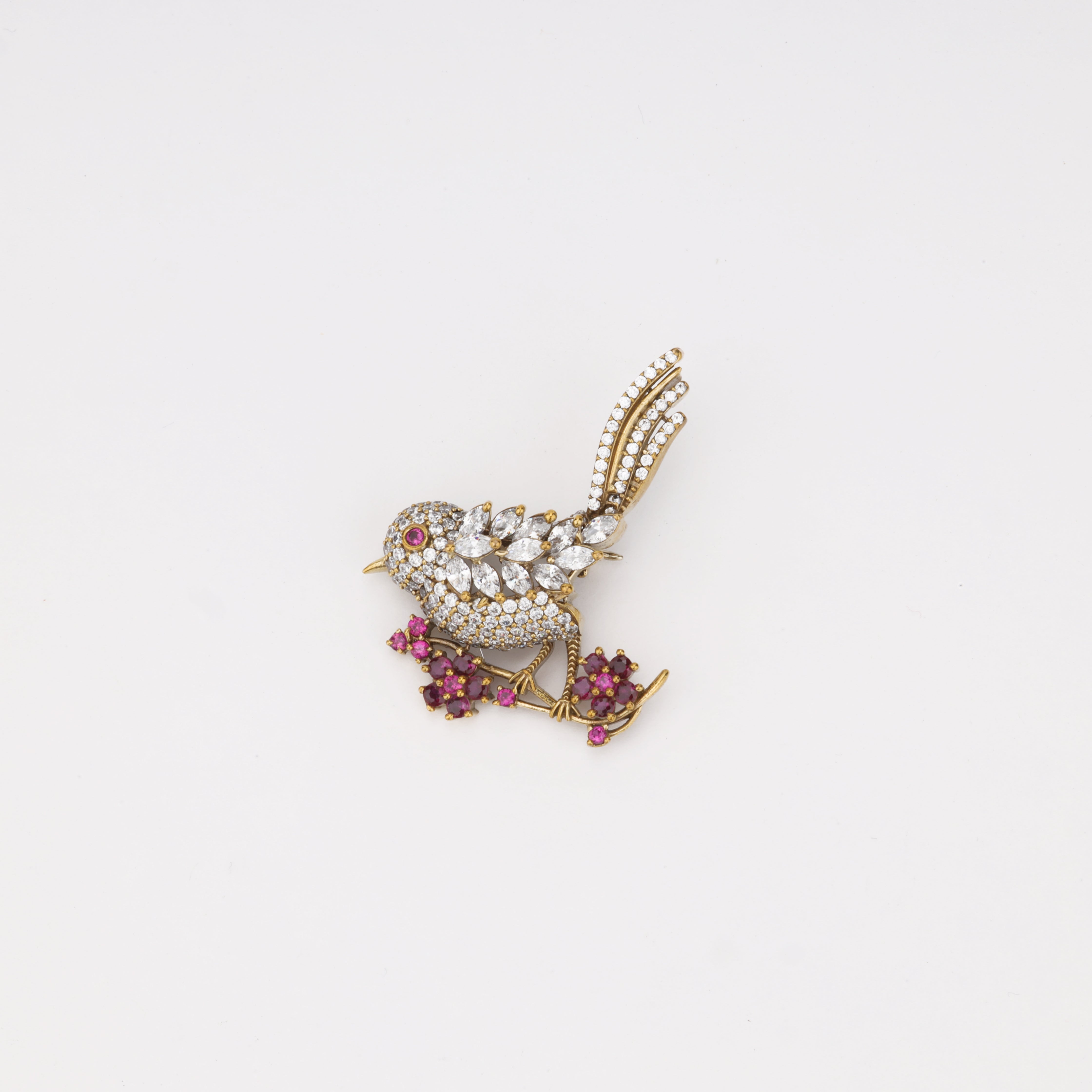 Elegant Crystal Bird Floral Brooch with Pink Stone Accents