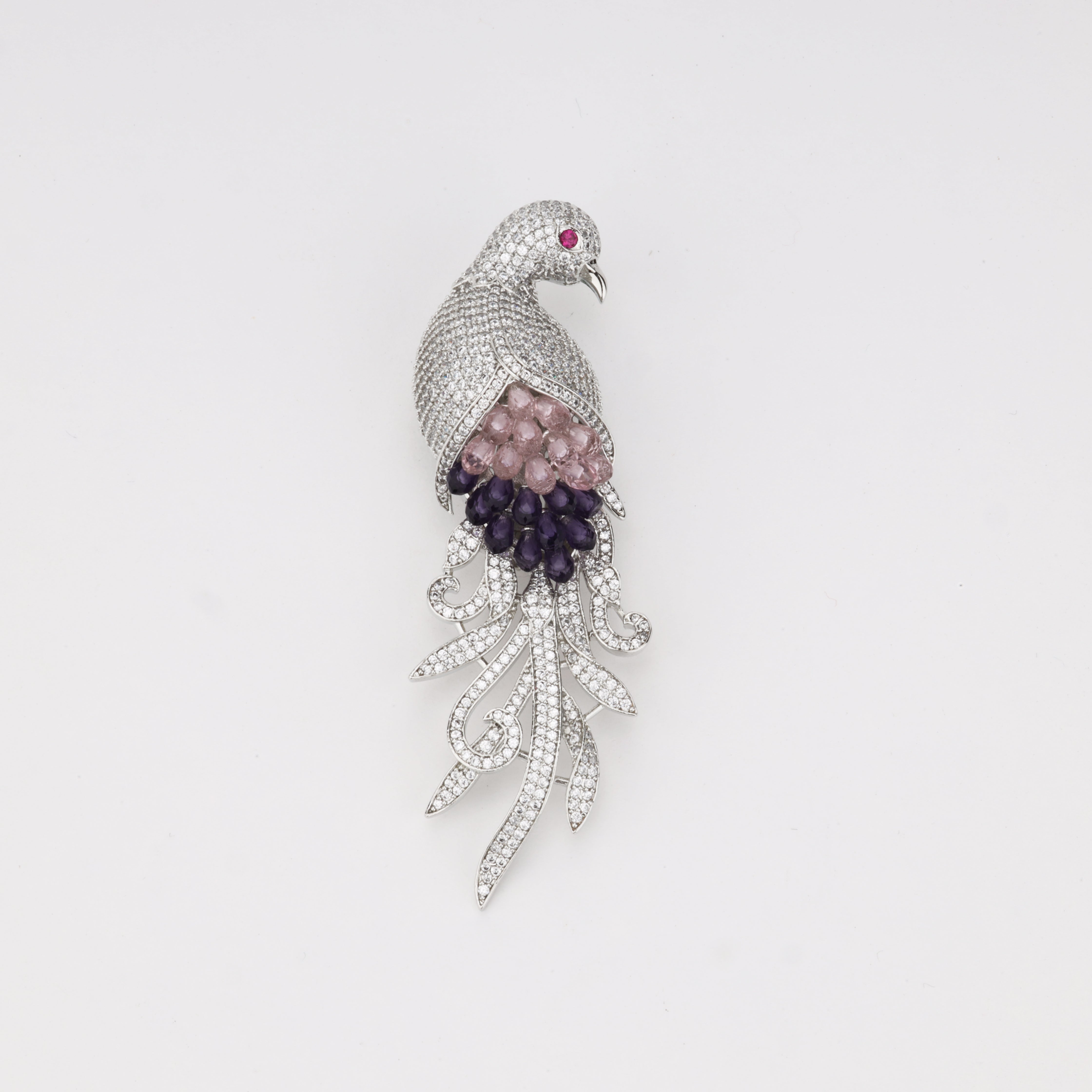 Crystal Bird Brooch with Pink & Purple Accents