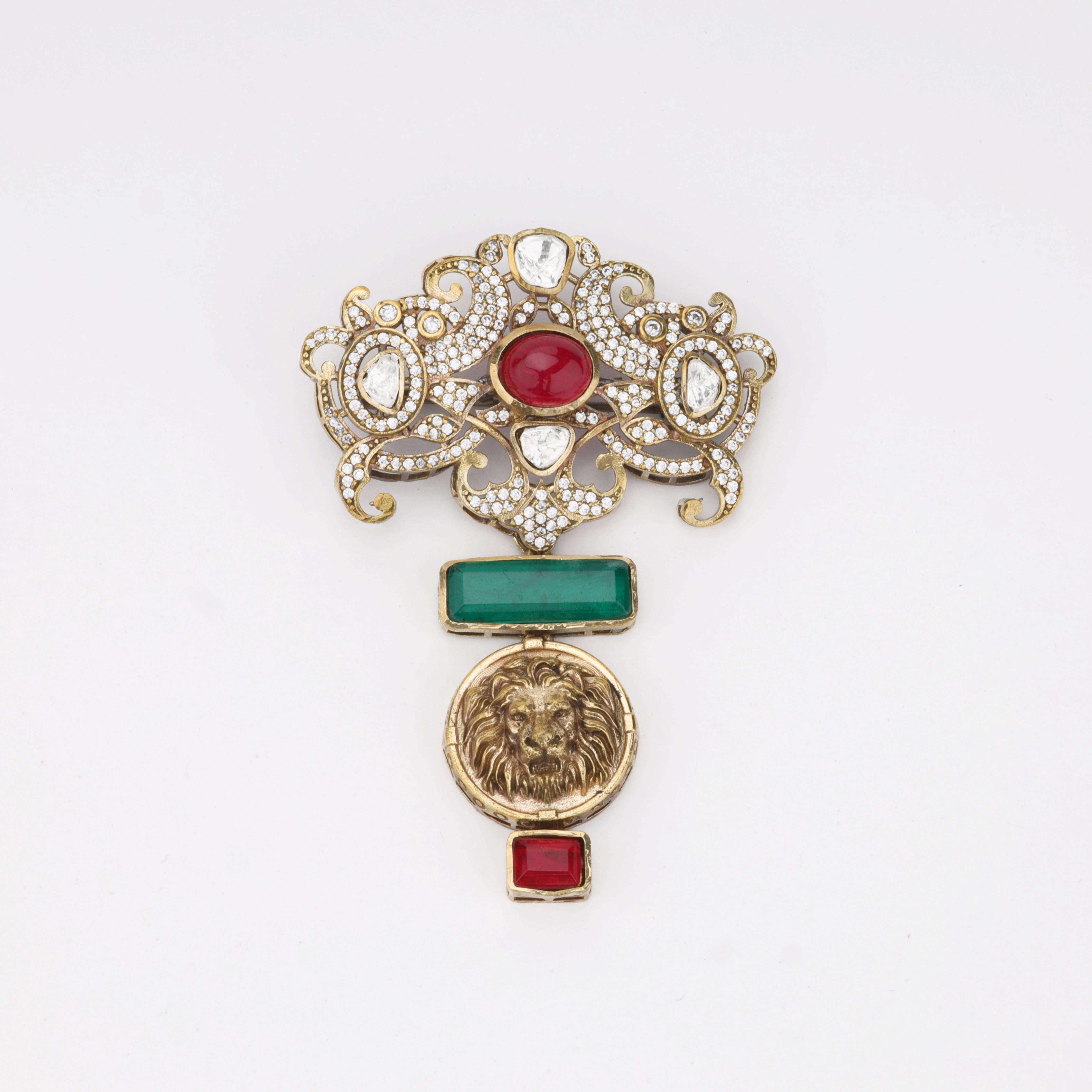 Royal Lion Crest Crystal Statement Brooch | Antique Gold Finish