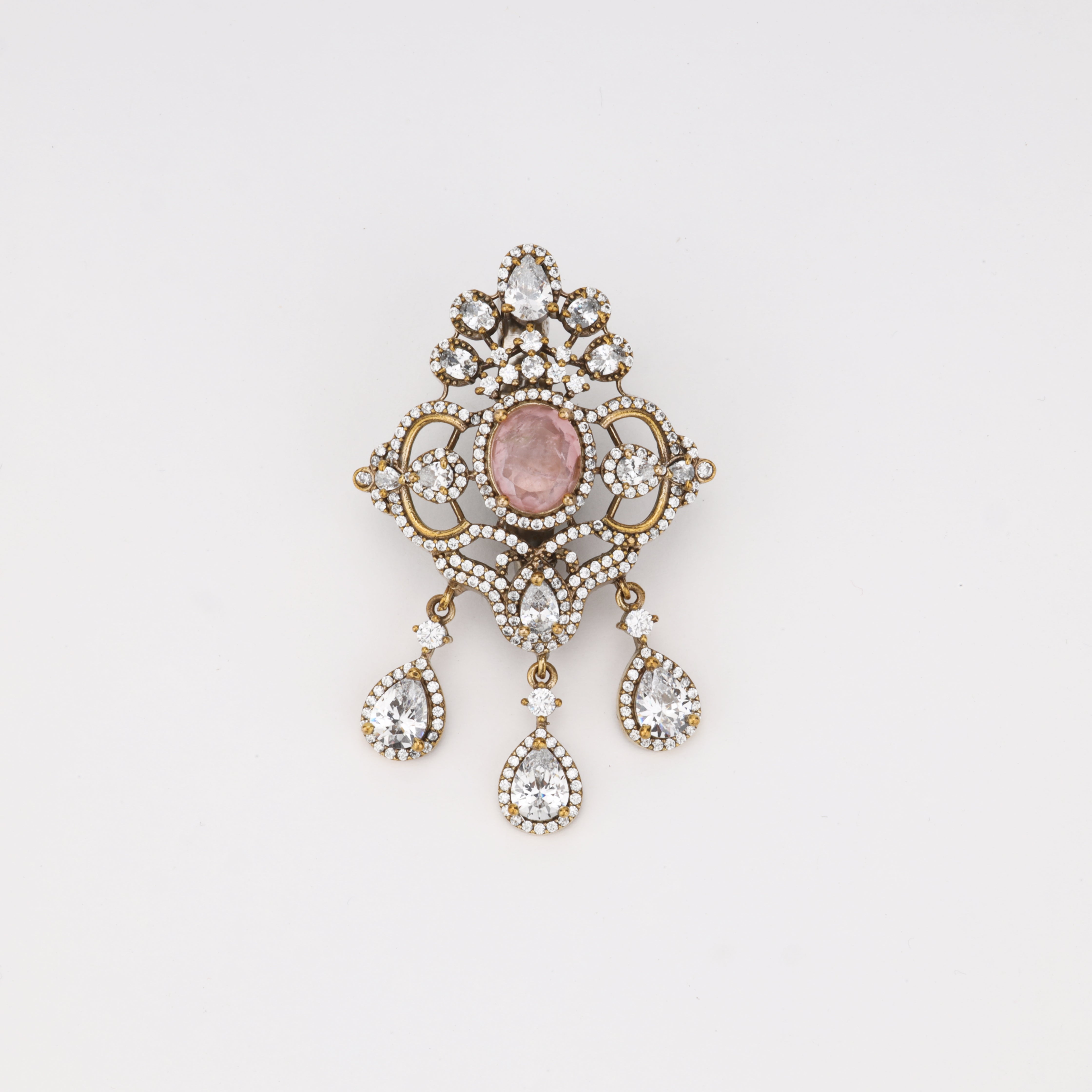 Vintage Pink Crystal Statement Brooch with Drop Charms
