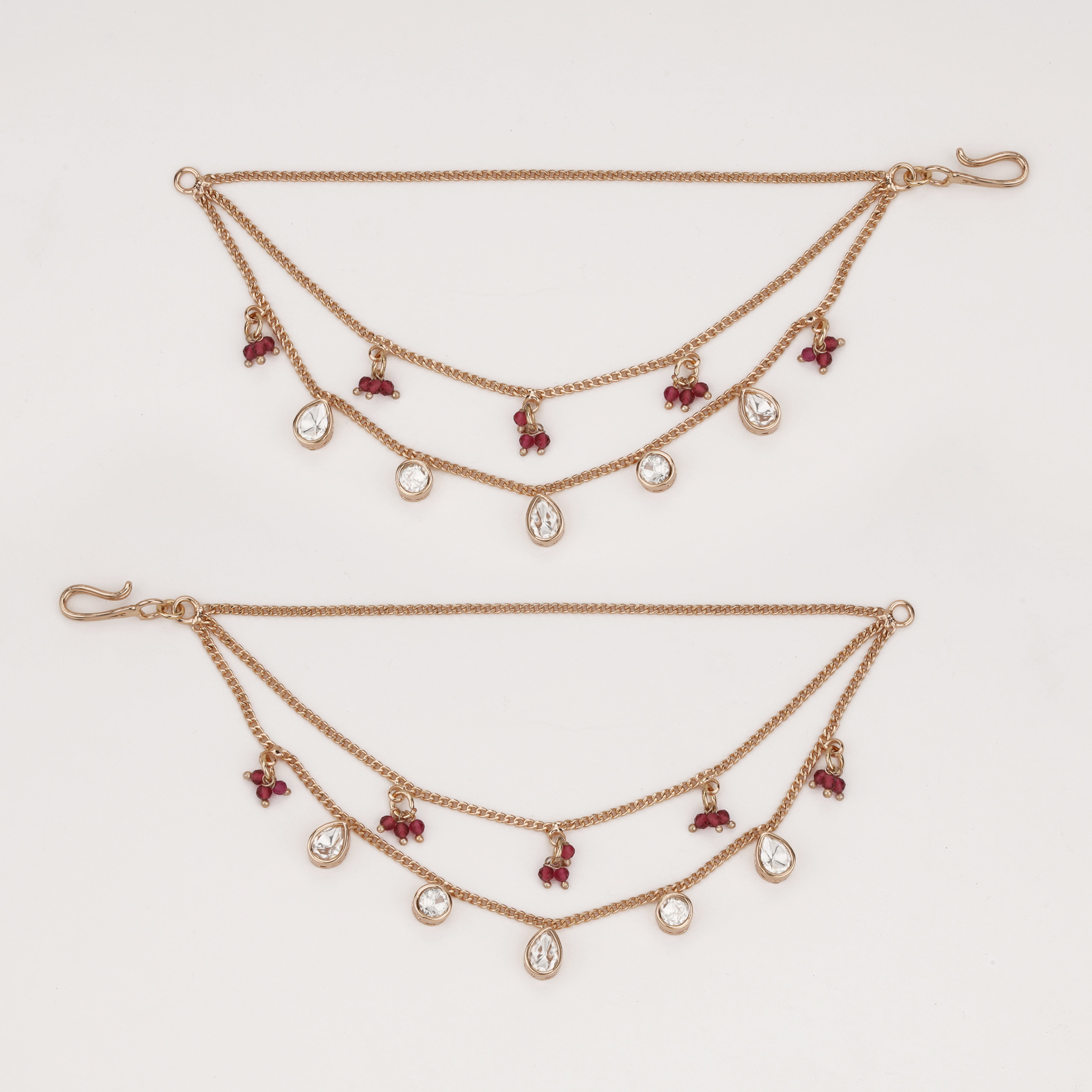 Ruby Charm Crystal Ear Chain with crystal drops and ruby bead accents by US Catalog