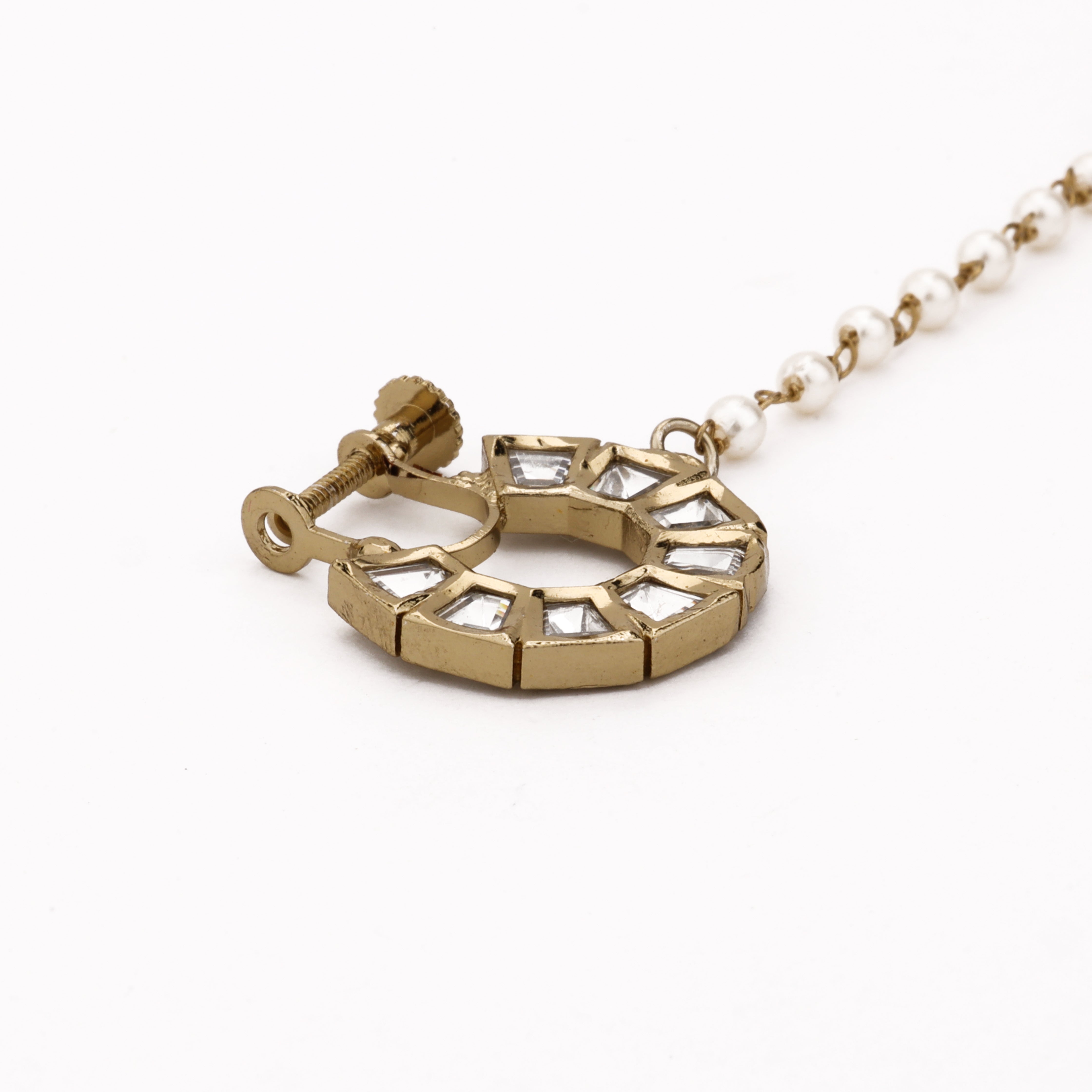 Antique gold Vedika geometric polki clip-on nath with white stones, screw fastening and pearl-beaded chain from US Catalog