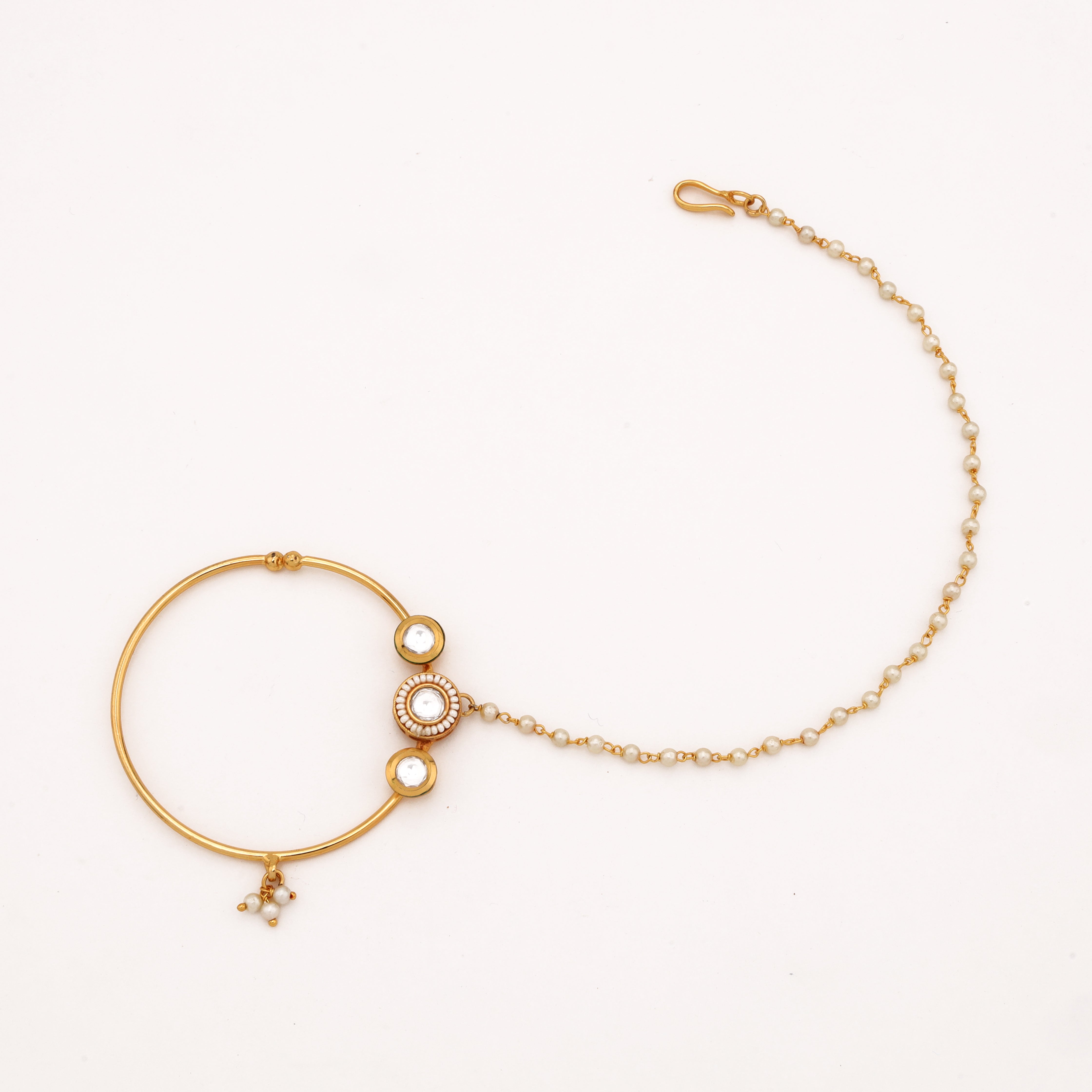 Gold Vireya triple halo pearl nath with three white stones, large hoop, pearl drop and attached beaded chain from US Catalog