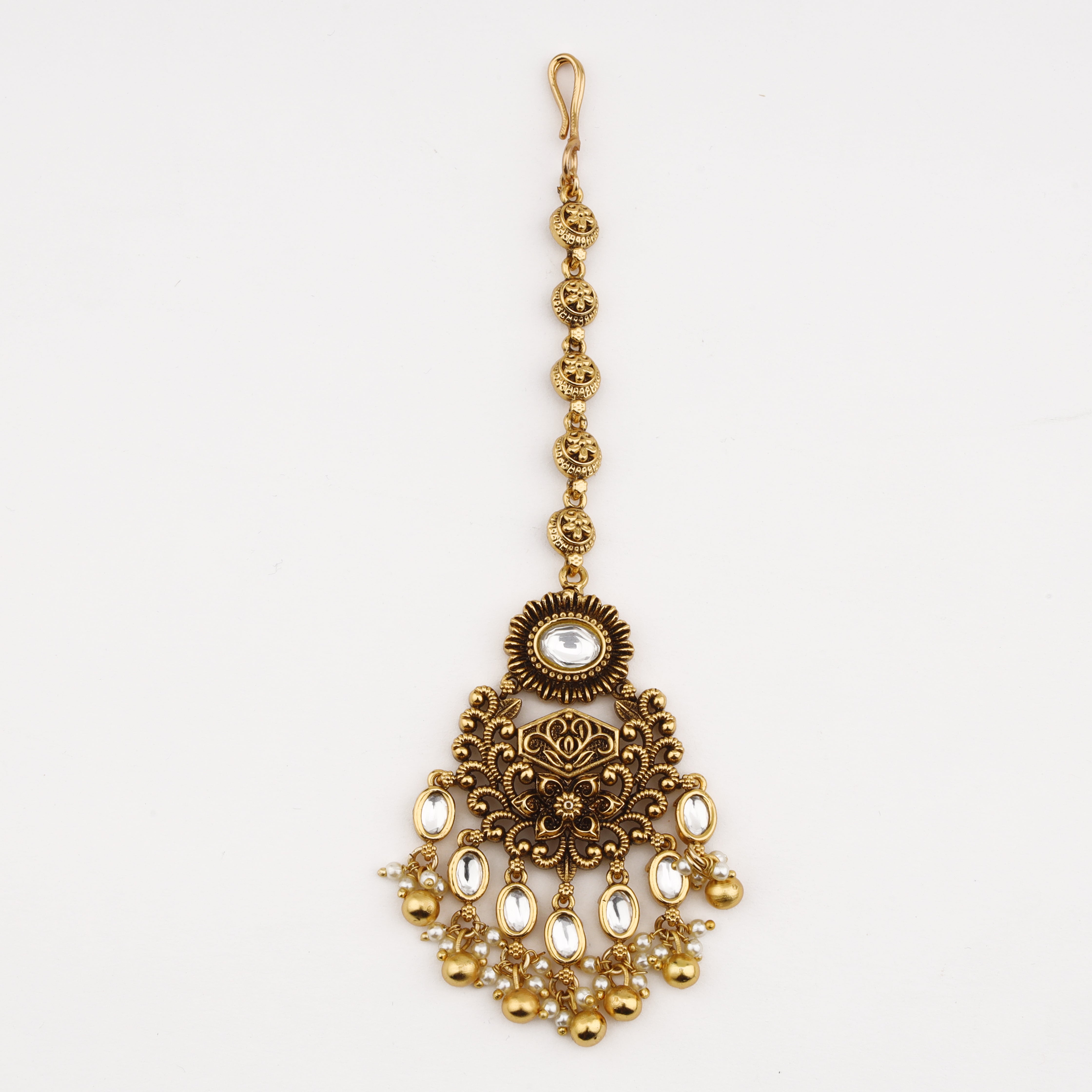 Antique Floral Crystal Maang Tika with crystal drops and pearl bead tassels by US Catalog