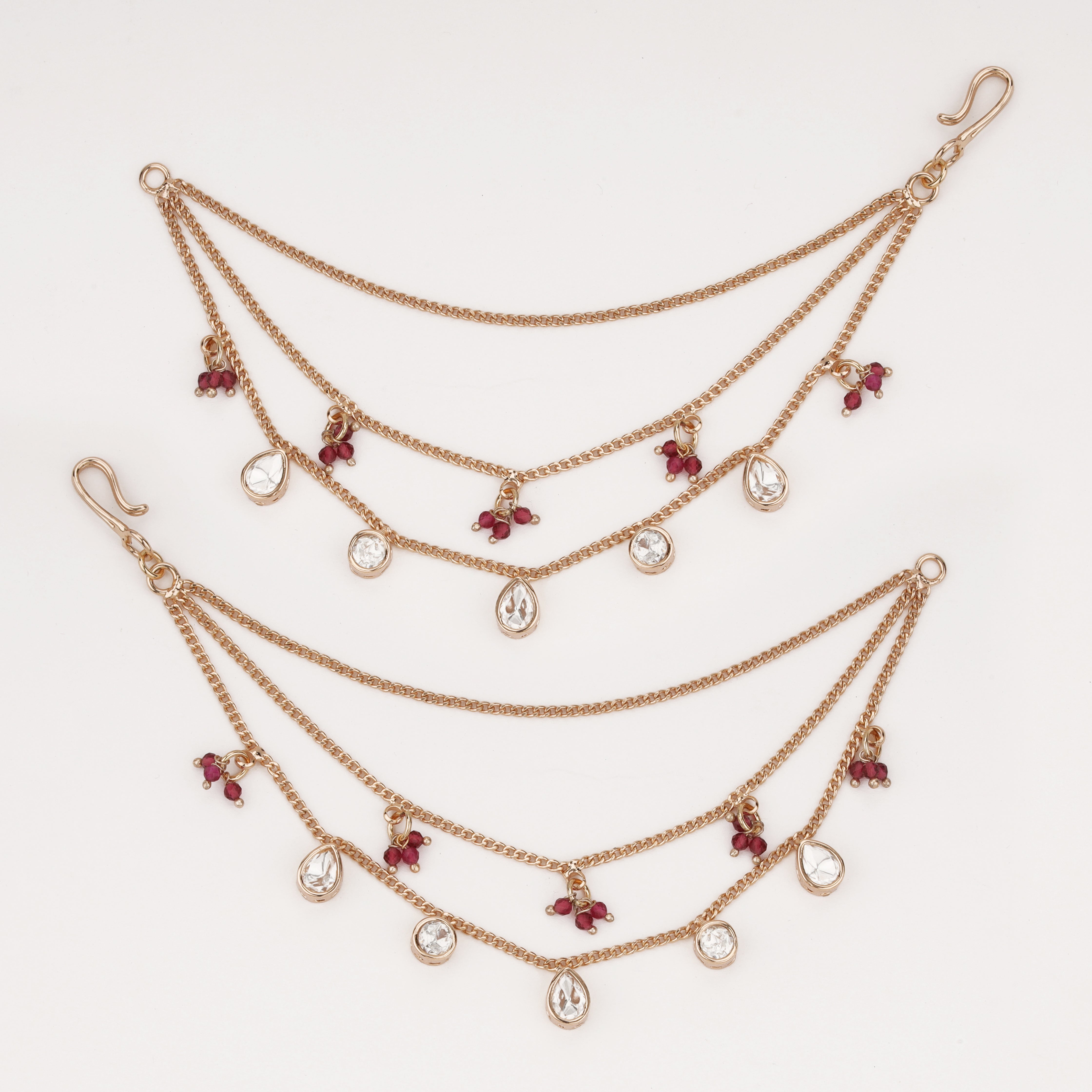 Ruby Charm Crystal Ear Chain with crystal drops and ruby bead accents by US Catalog