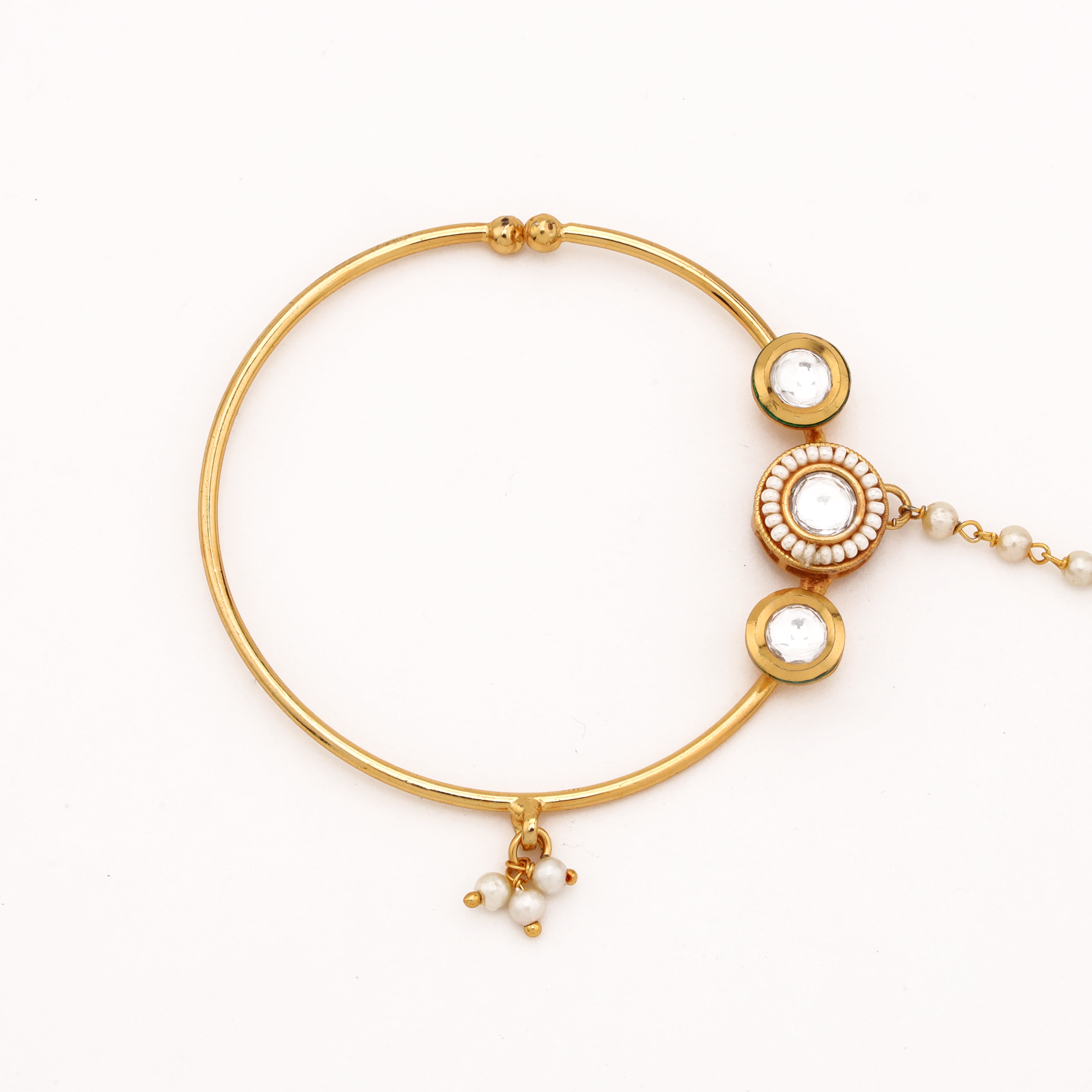 Gold Vireya triple halo pearl nath with three white stones, large hoop, pearl drop and attached beaded chain from US Catalog