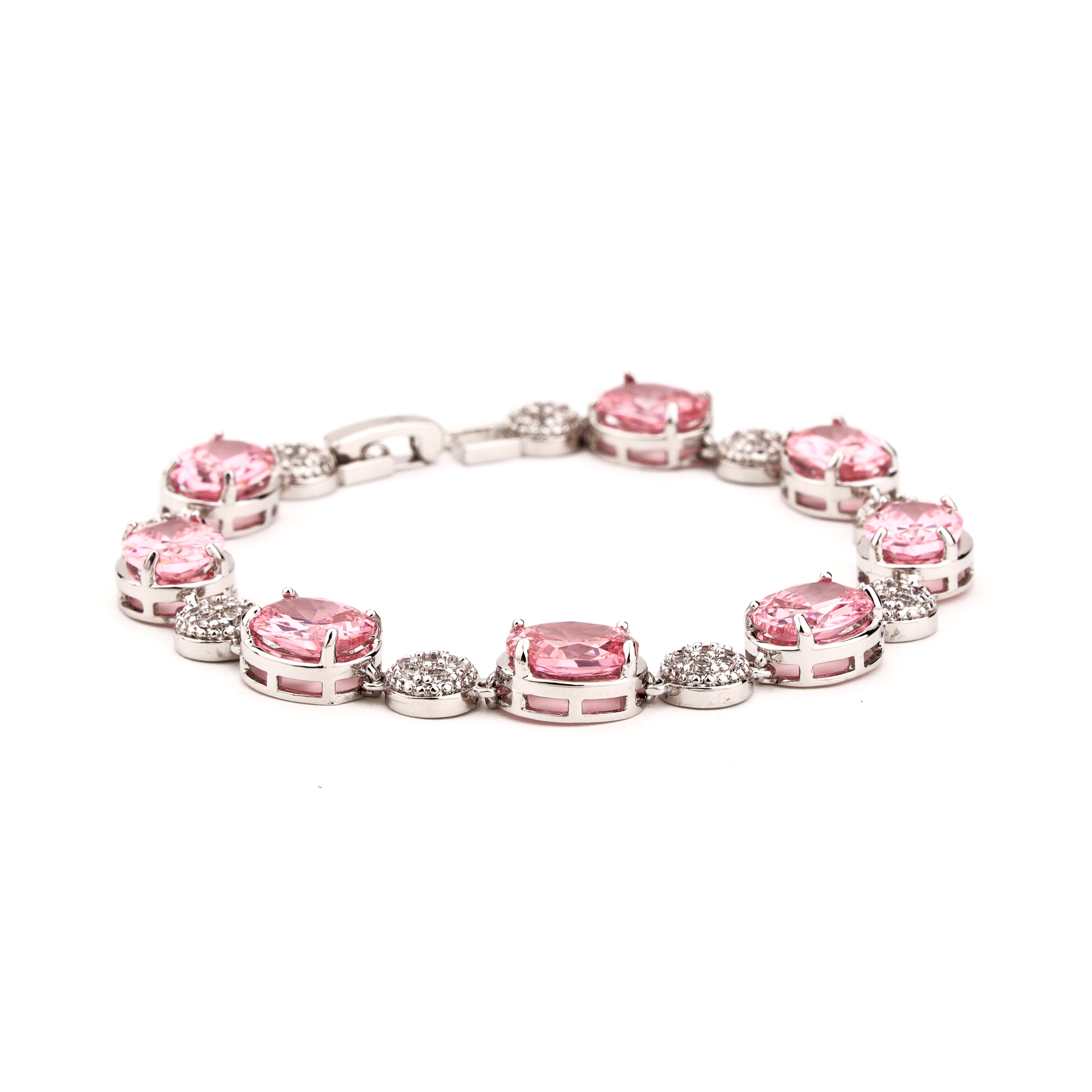 Roselle pink oval crystal bracelet with clear pavé clusters and silver-tone setting