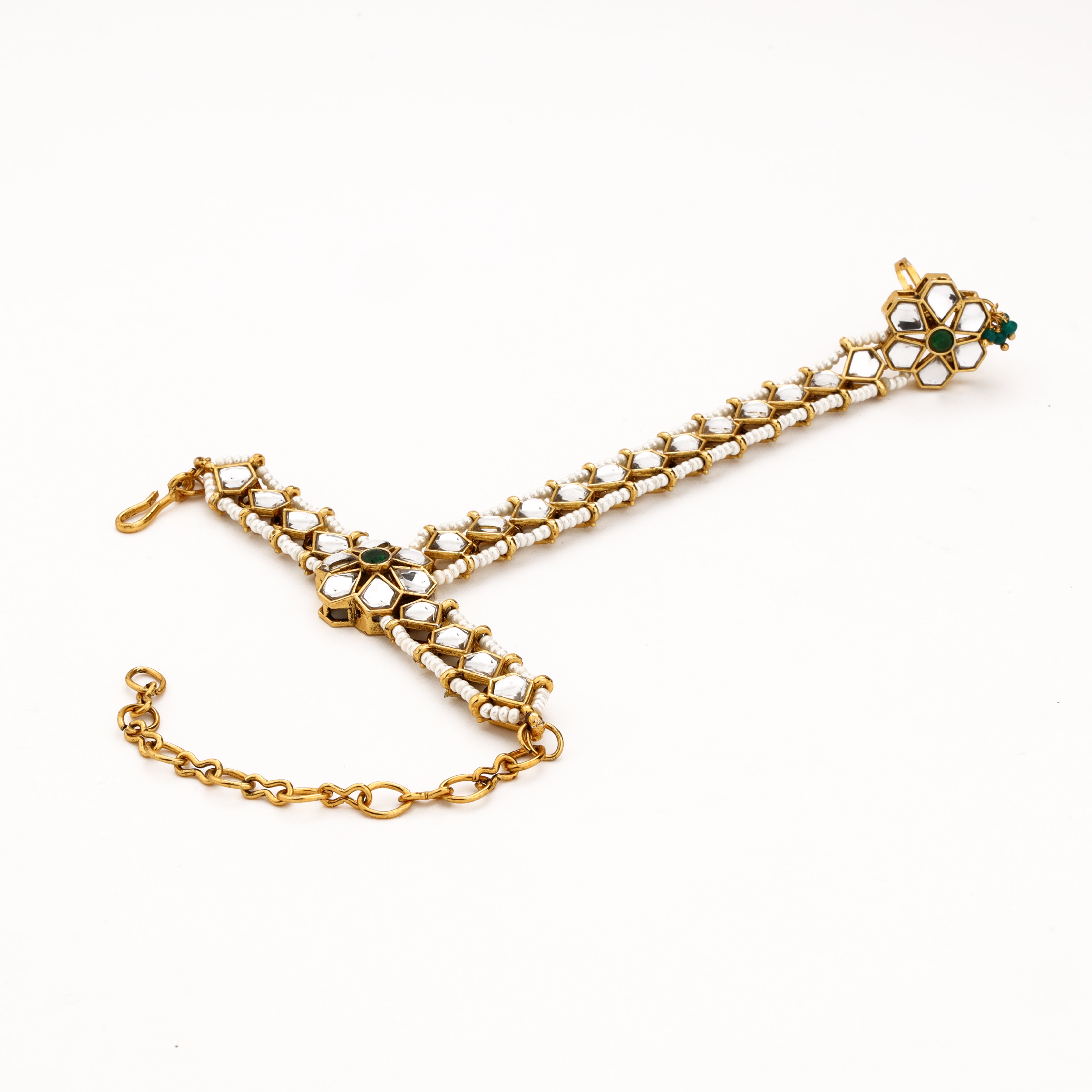 Floral mirror stone pearl pocha in gold tone with white beads and green accent detailing