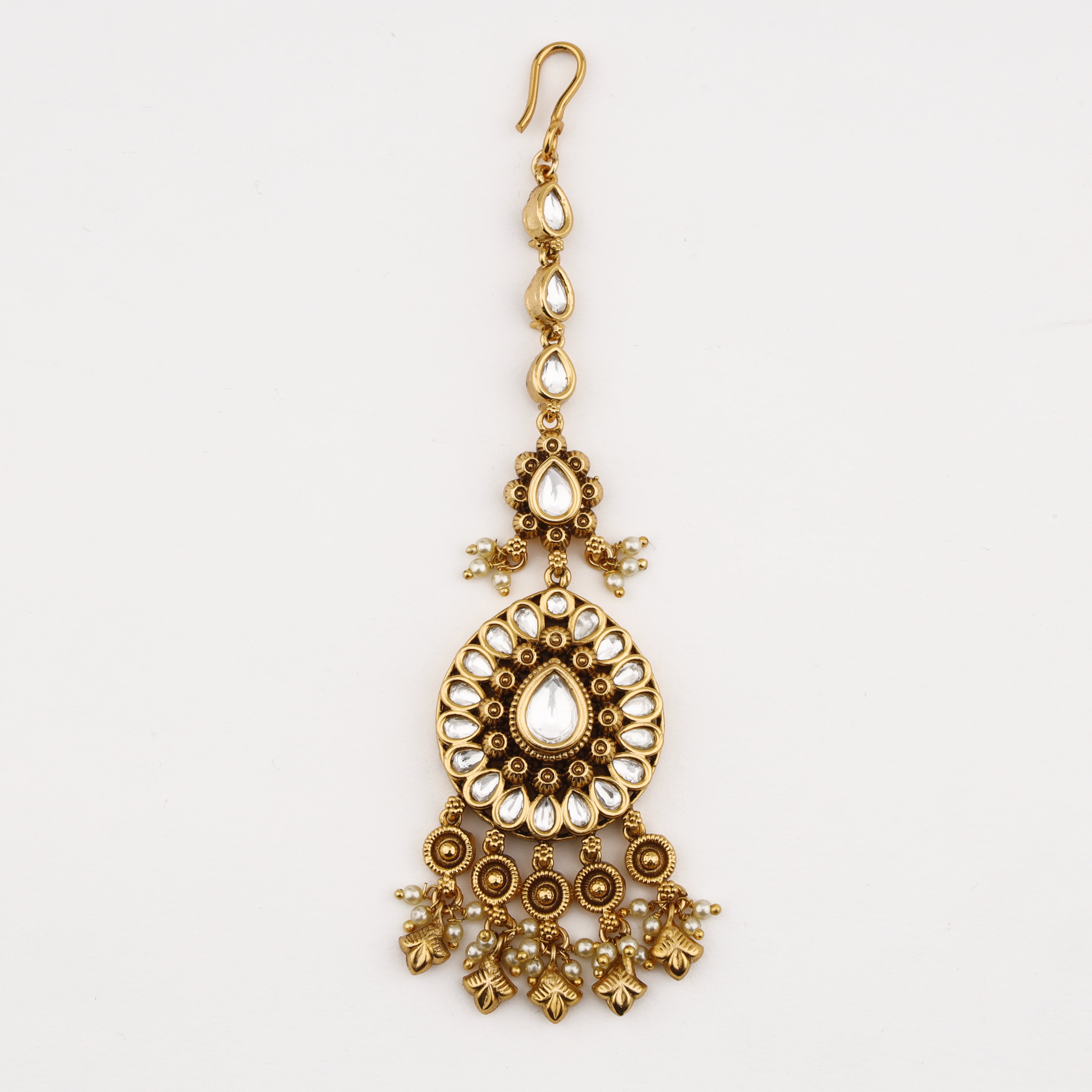 Heritage Teardrop Crystal Maang Tika with antique gold finish and pearl tassels by US Catalog
