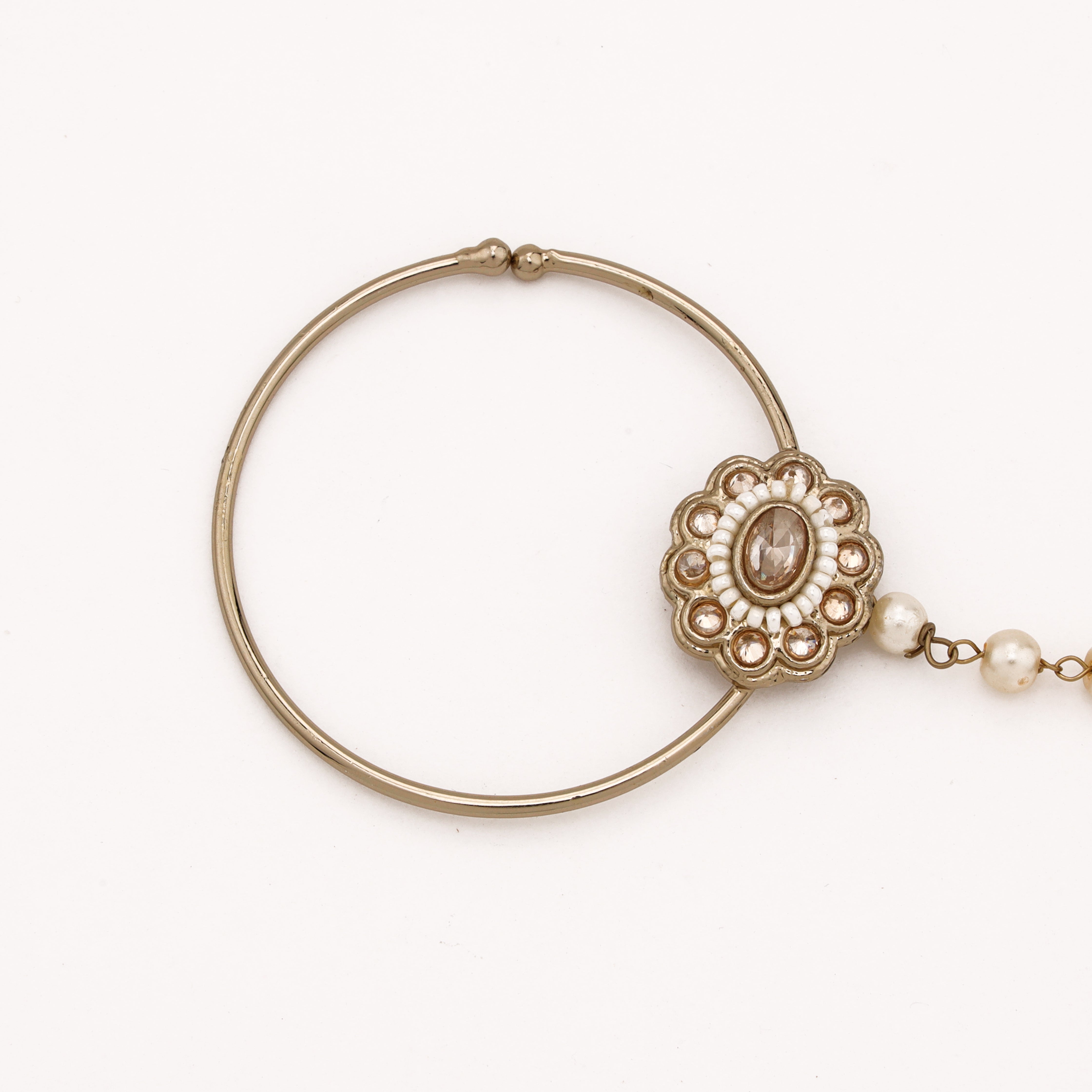 Antique gold Zareen oval pearl medallion nath with smoky centre stone, large hoop and pearl-beaded chain from US Catalog