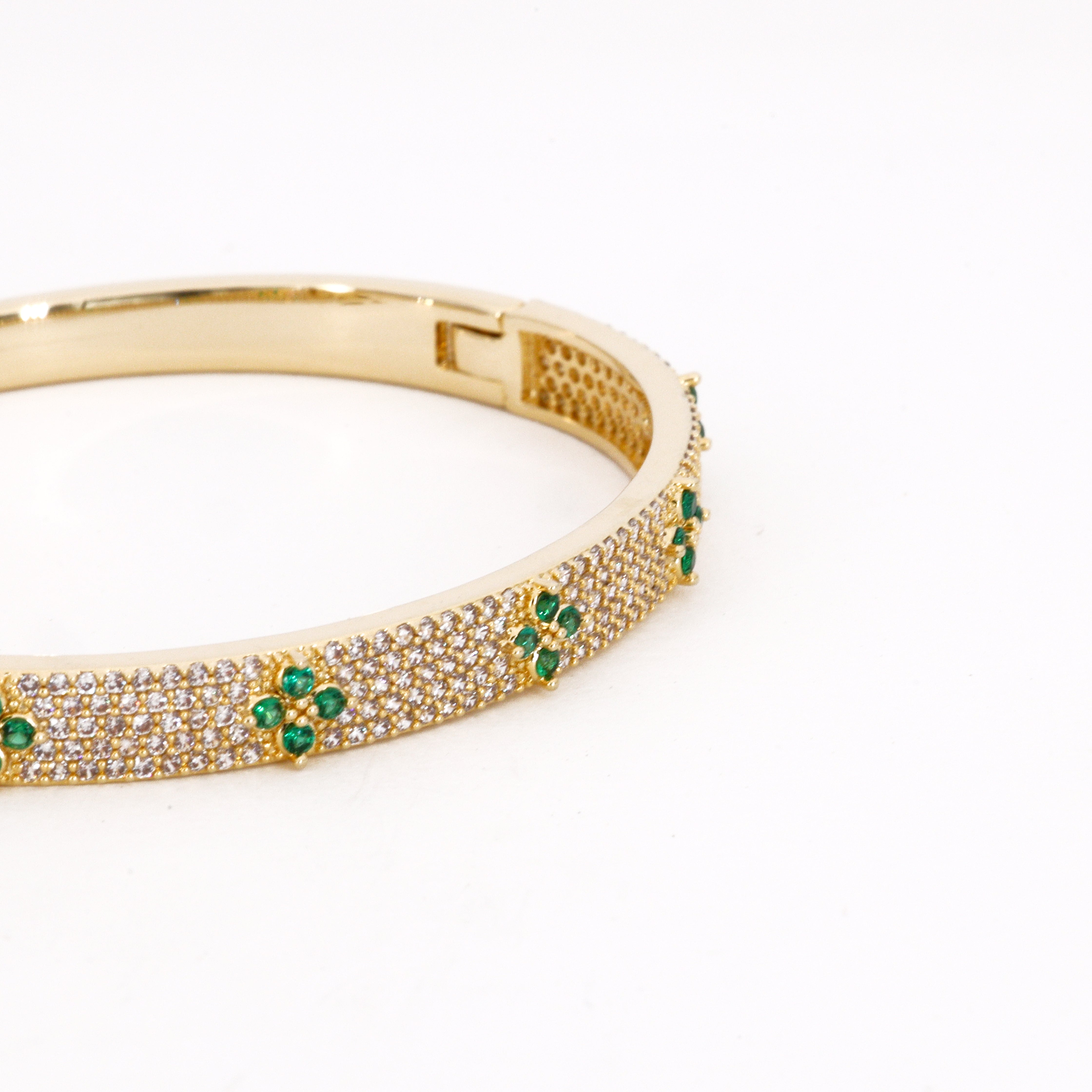 Emerald Floral Crystal Bangle Bracelet in Gold Tone