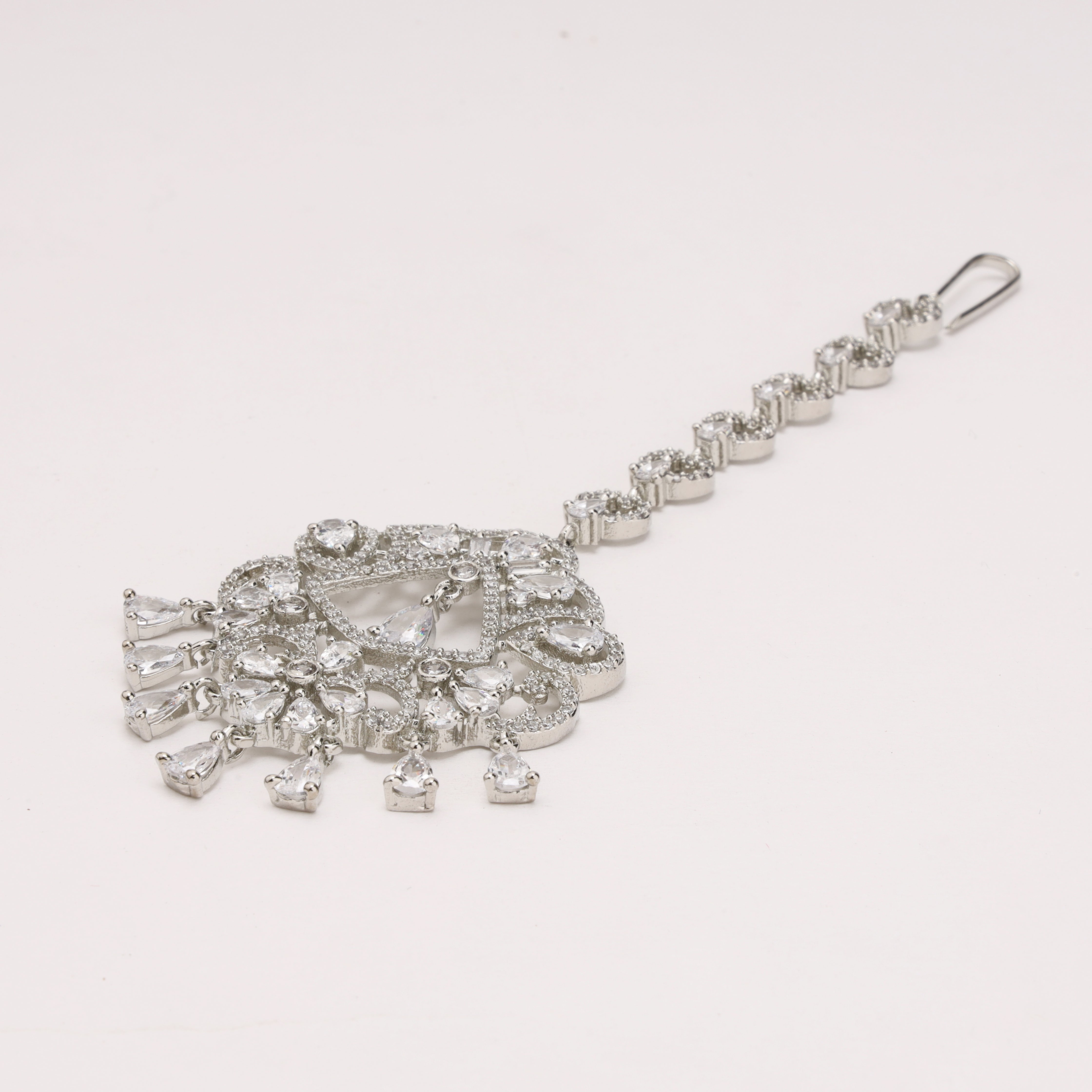 Silver Heart Chain American Diamond Floral Chandelier Maang Tikka