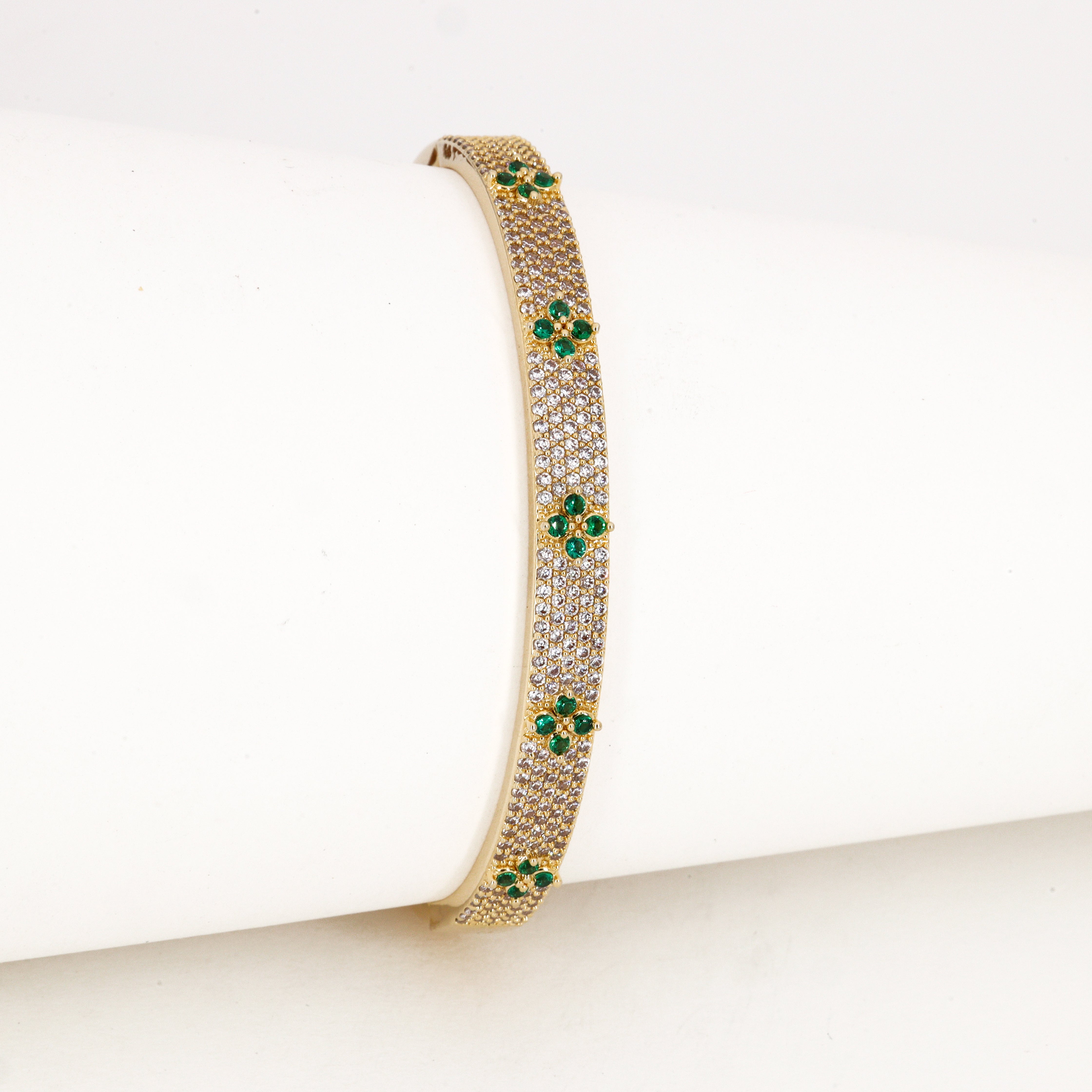 Emerald Floral Crystal Bangle Bracelet in Gold Tone