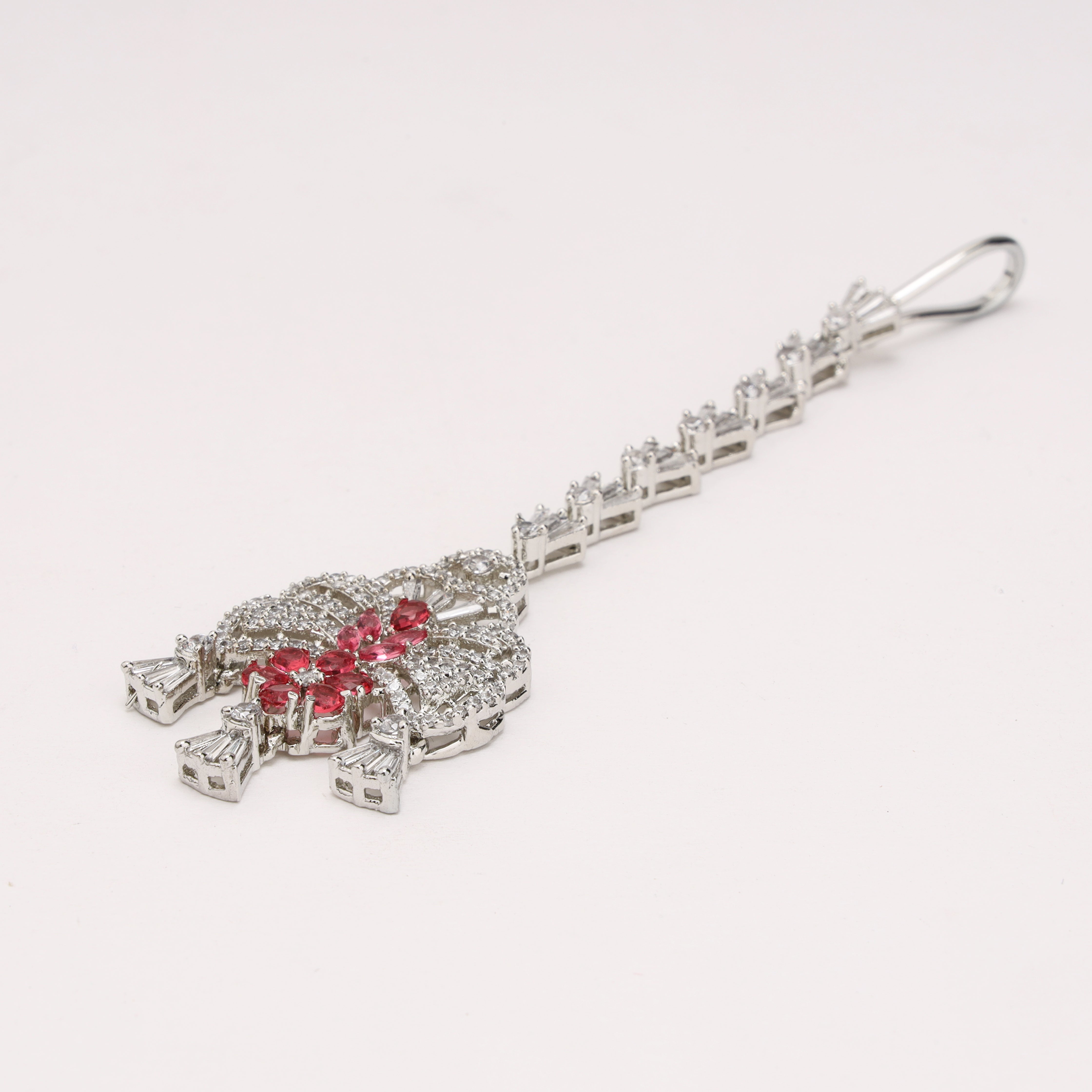 Silver Finish Ruby Red Stone American Diamond Bow Maang Tikka