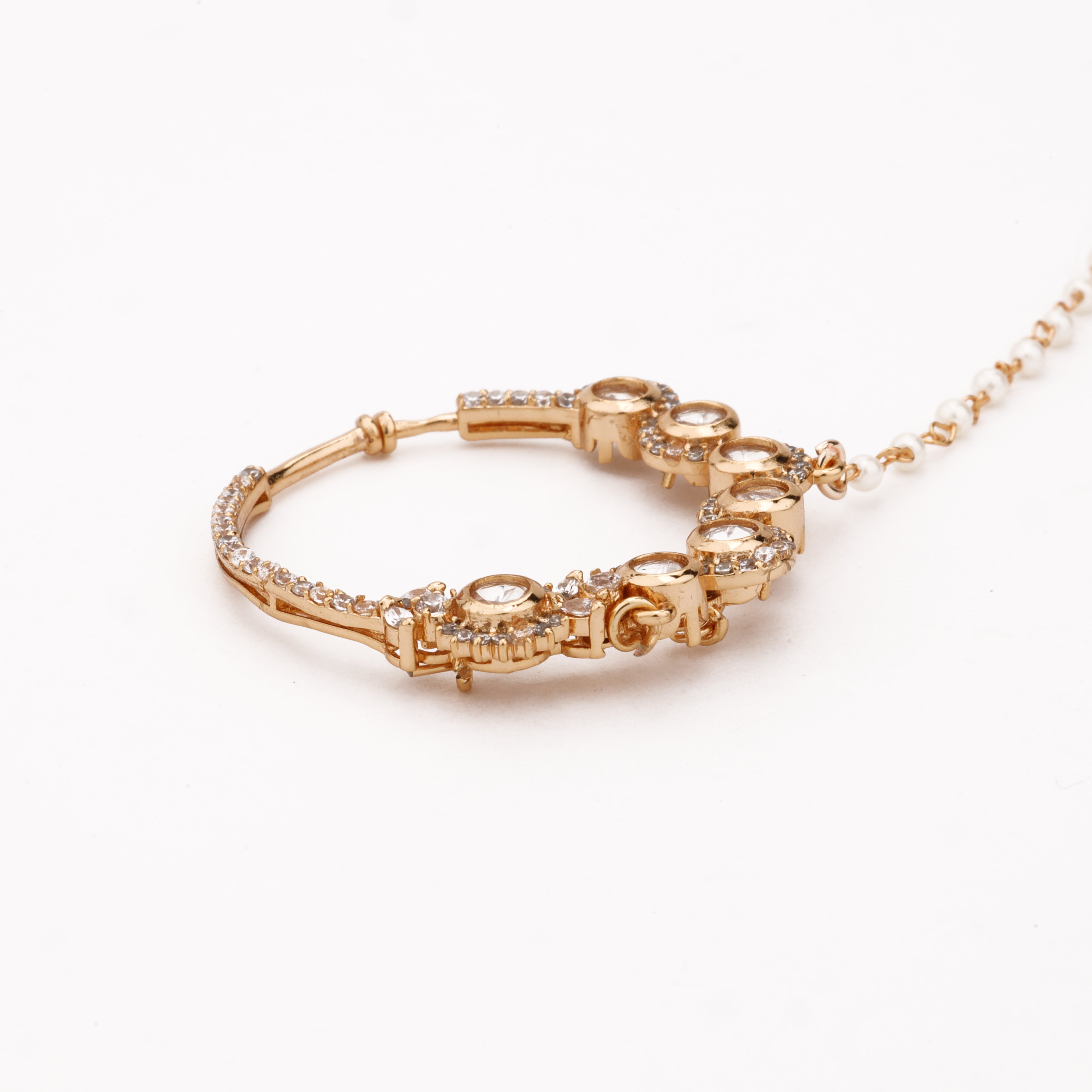 Rose gold Samaira halo polki nath with round white stones, crystal detailing and pearl-beaded chain from US Catalog
