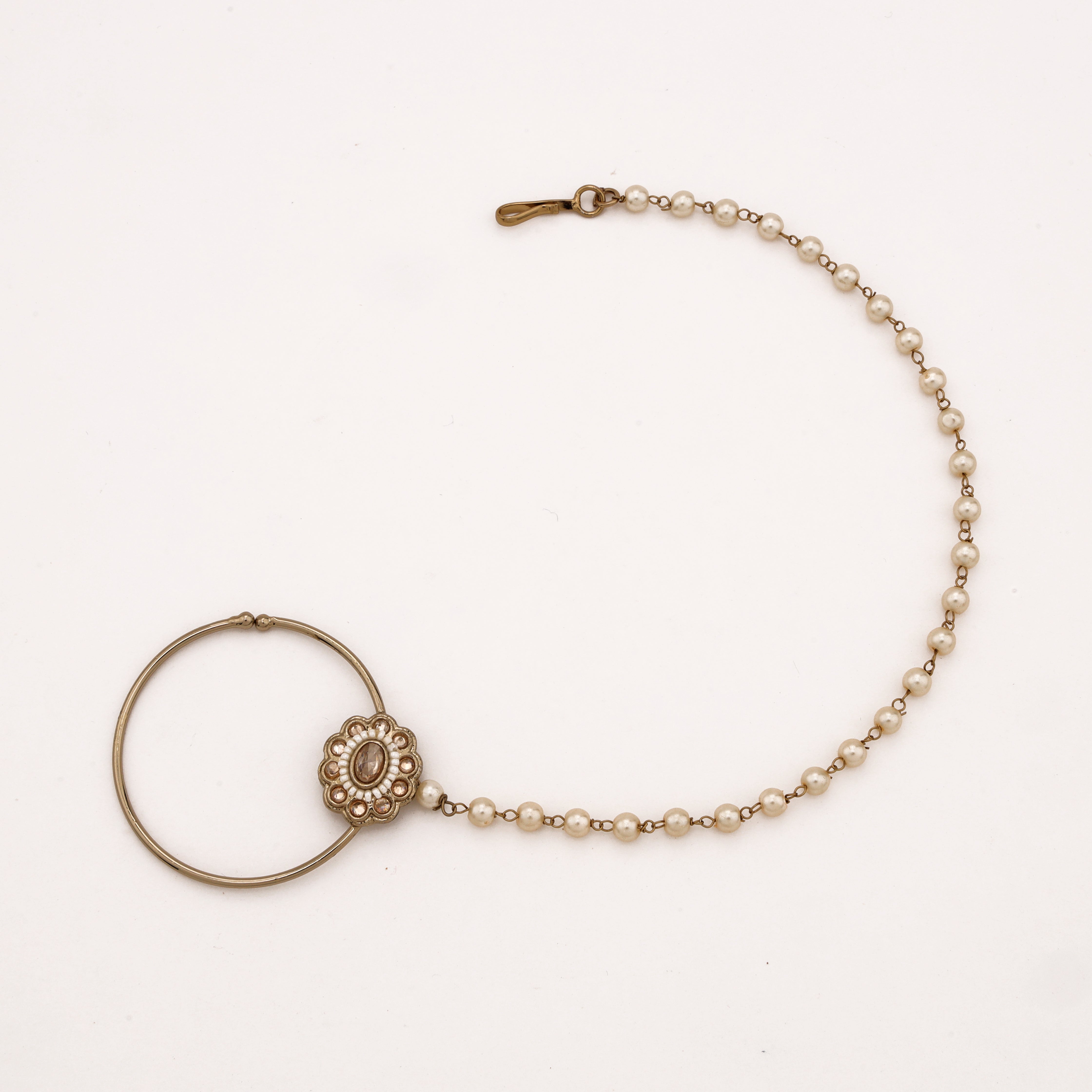 Antique gold Zareen oval pearl medallion nath with smoky centre stone, large hoop and pearl-beaded chain from US Catalog