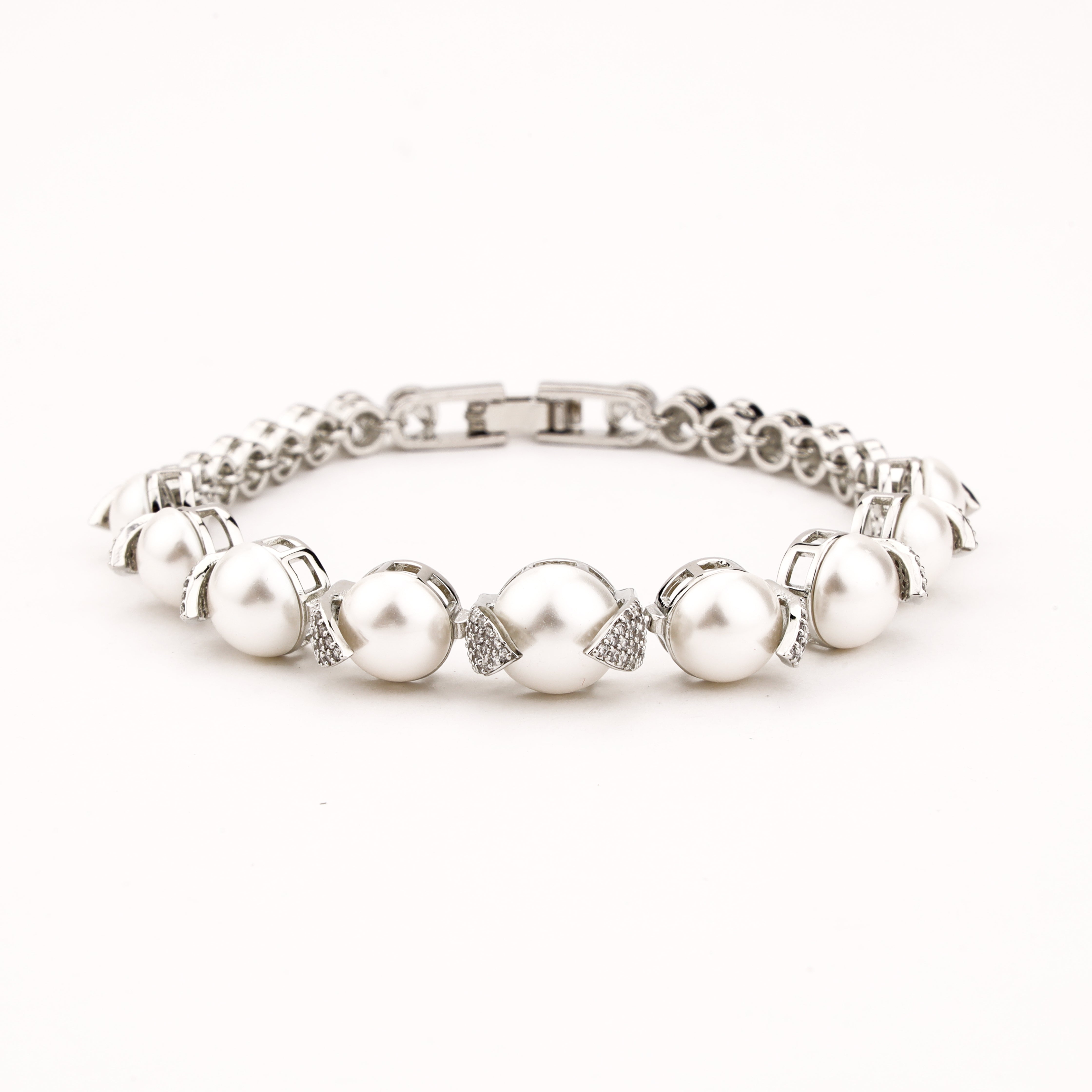 Elowen ivory pearl crystal bracelet with silver-tone links and sparkling clear crystal accents
