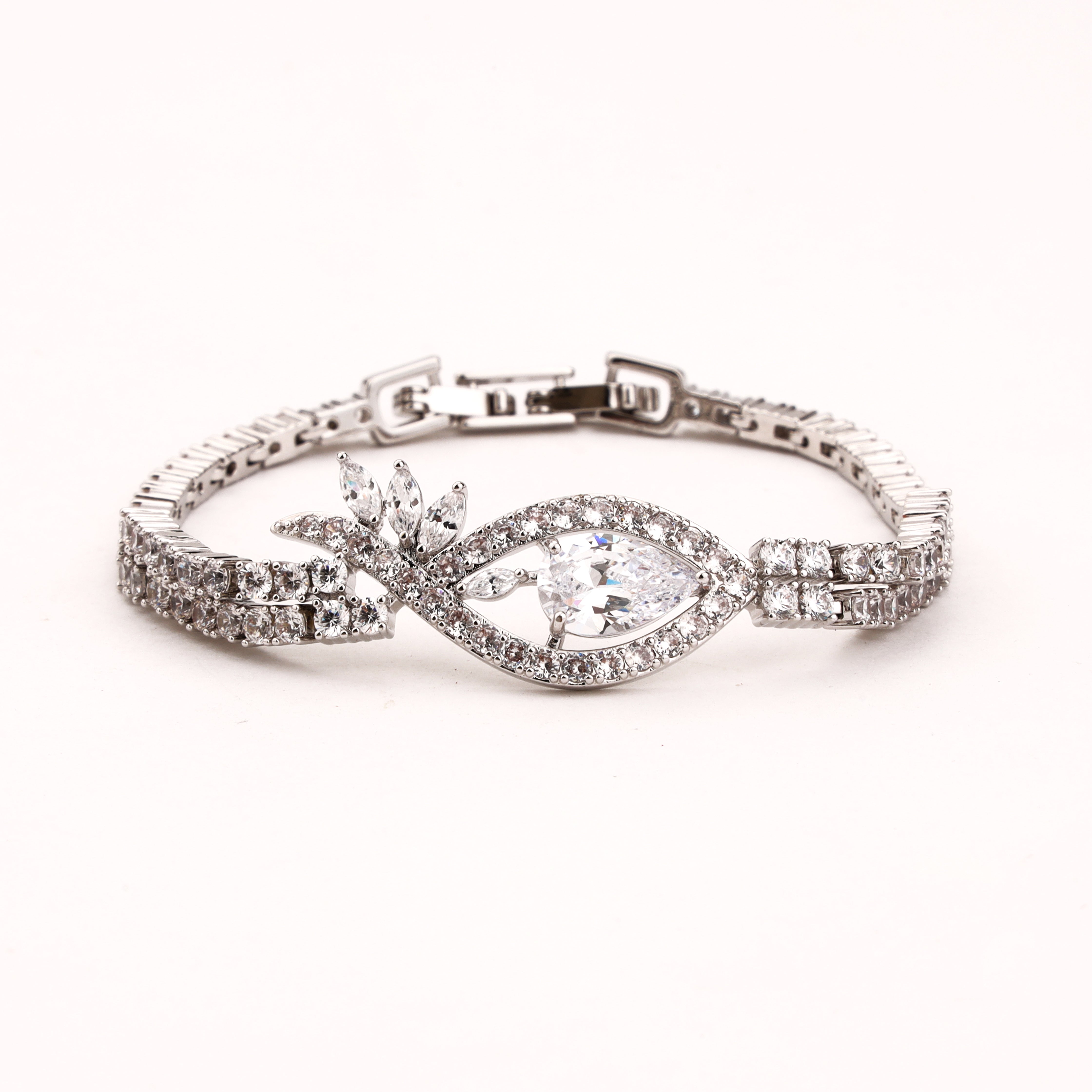 Evanthe silver-tone crystal bracelet with pear-shaped centre stone, marquise leaf accents and double-row sparkling links