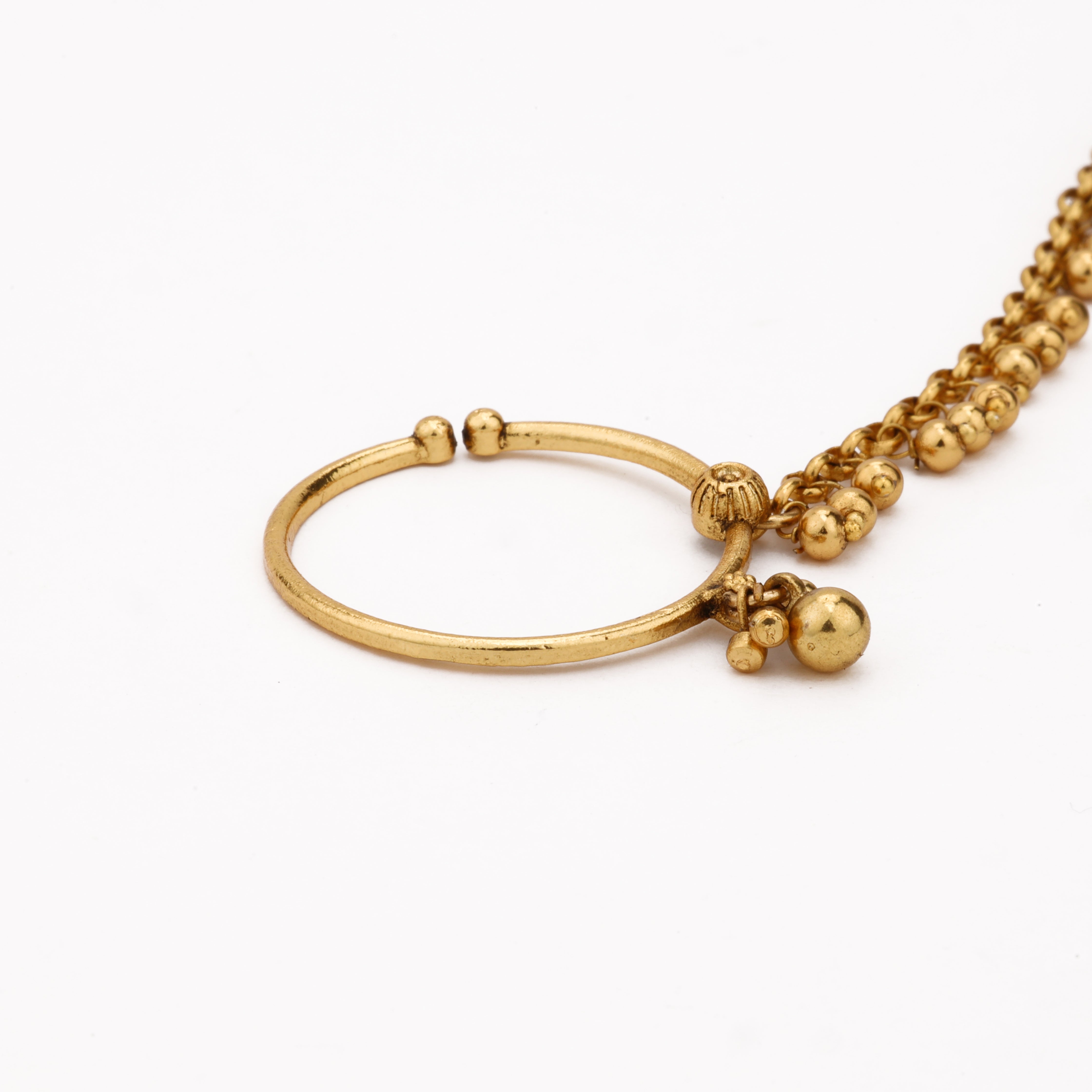 Antique gold Aarohi Ghungroo Nath with circular hoop, metal bead drops and double-layer charm chain from US Catalog