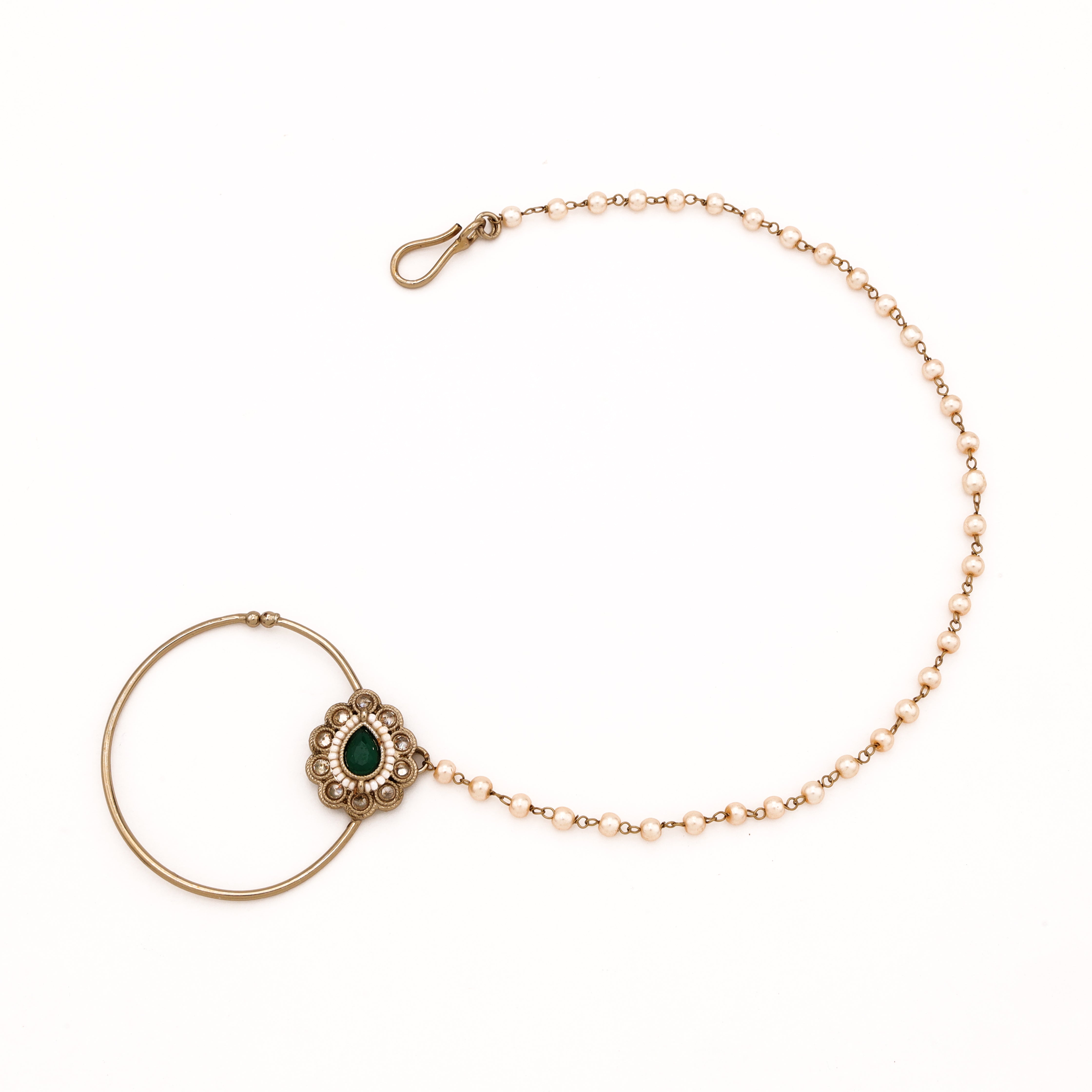 Antique gold Nivara emerald teardrop pearl nath with ornate white stone halo, large hoop and pearl-beaded chain from US Catalog